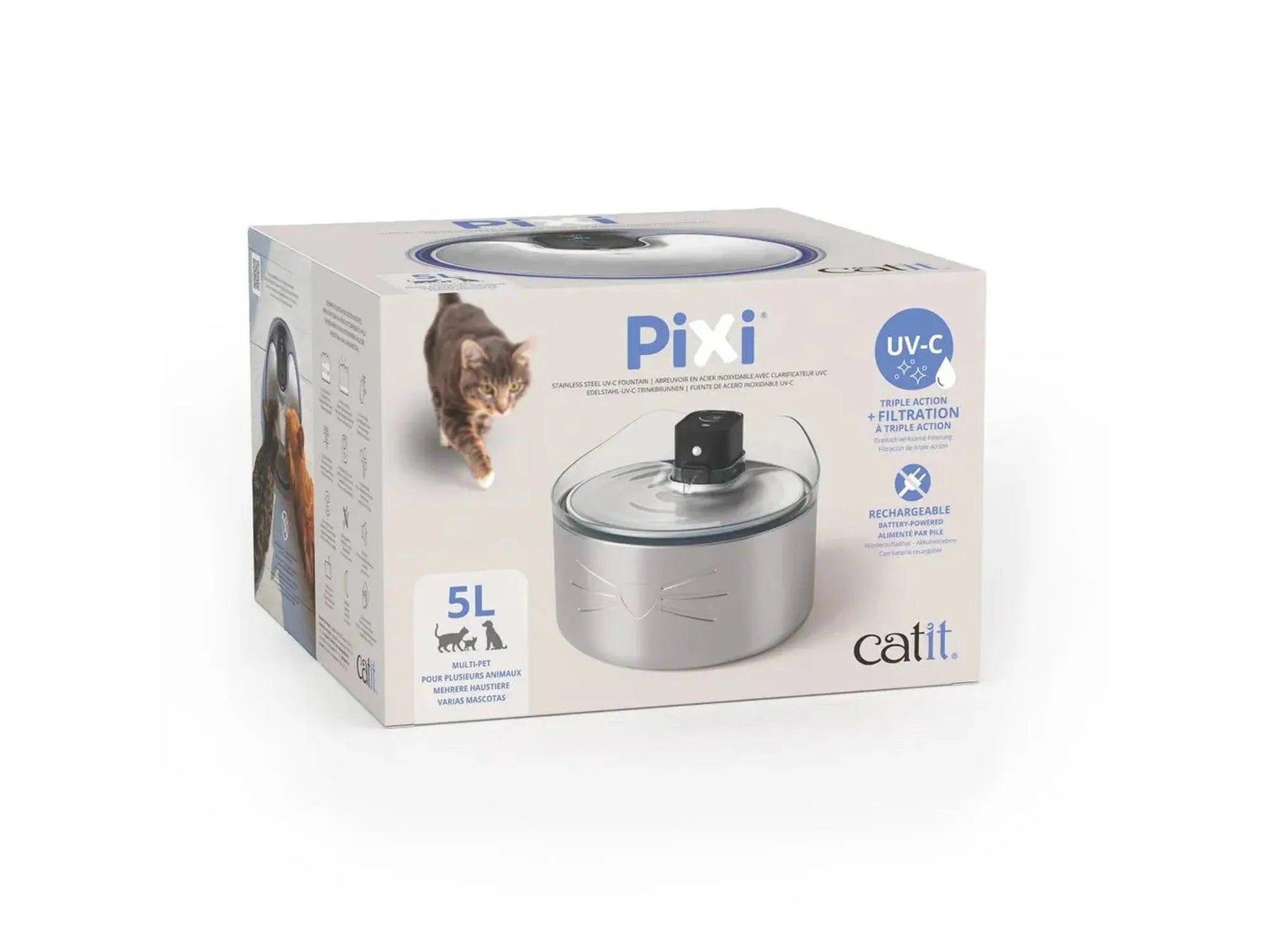 Catit PIXI 5-liters drikkefontene i rustfritt stål med UV-C teknologi vist på produktesken.