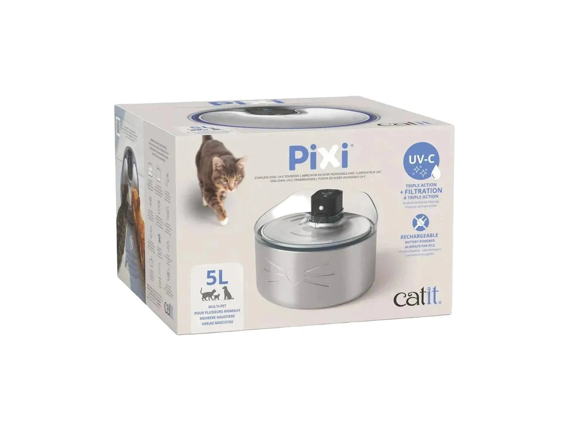 Catit PIXI 5-liters drikkefontene i rustfritt stål med UV-C teknologi vist på produktesken.