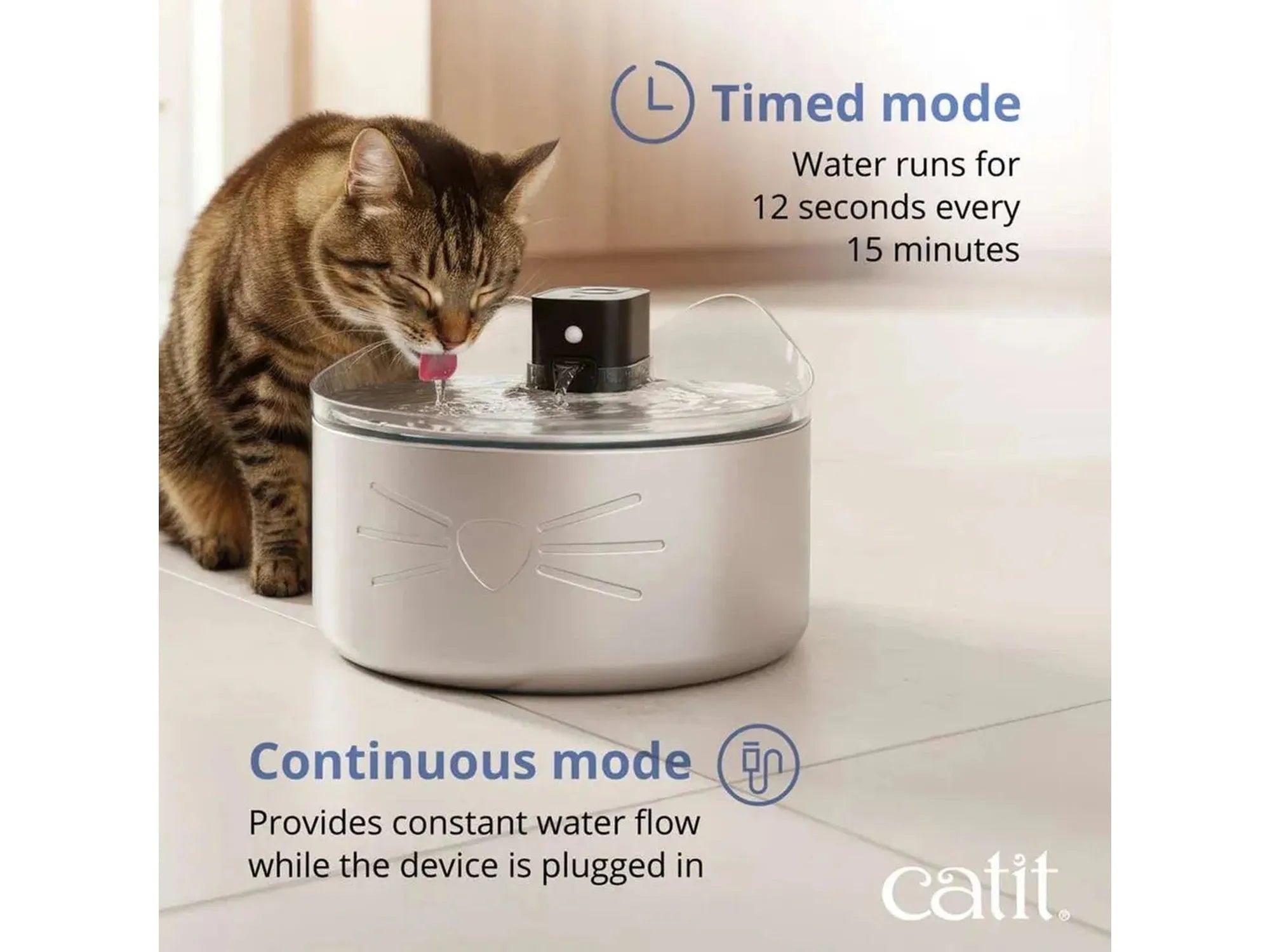 Katt drikker fra en Catit PIXI drikkefontene i rustfritt stål med katteformet design og UV-C renseteknologi.