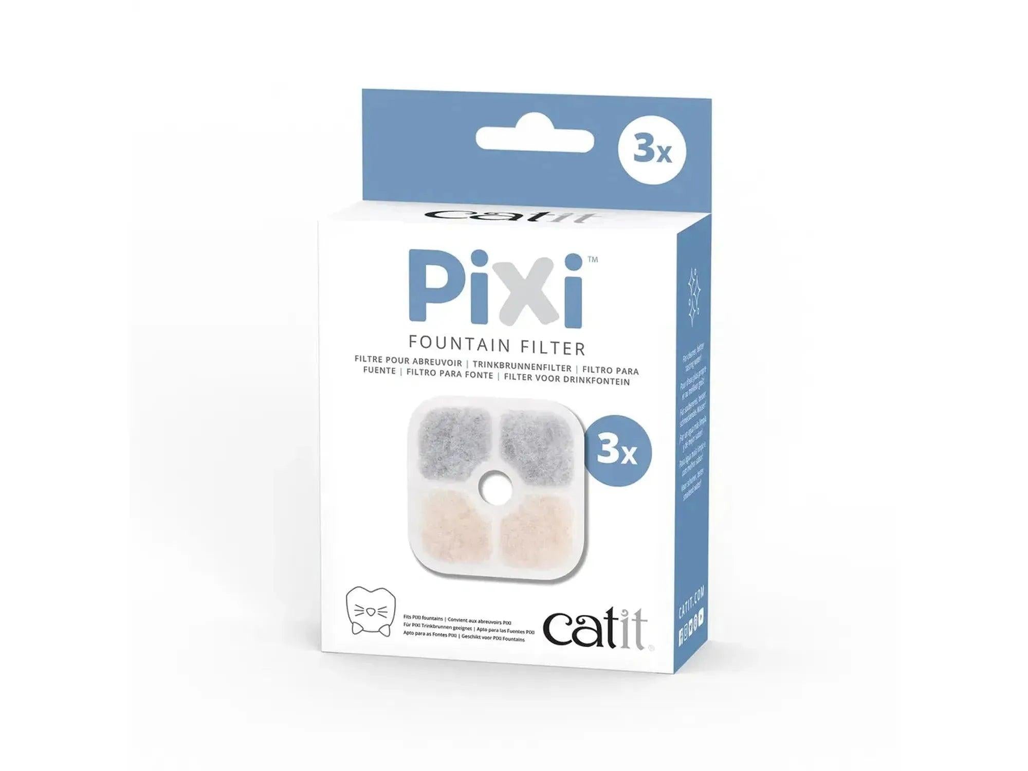 Catit PIXI drikkefontenefilter 3-pakning i hvit og blå eske, viser tre grå og beige filtre.