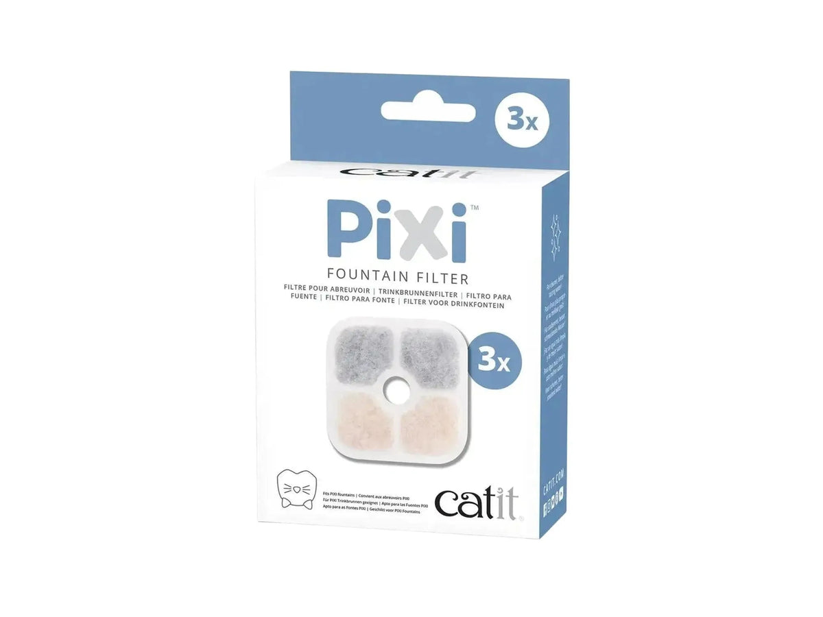 Catit PIXI drikkefontenefilter 3-pakning i hvit og blå eske, viser tre grå og beige filtre.