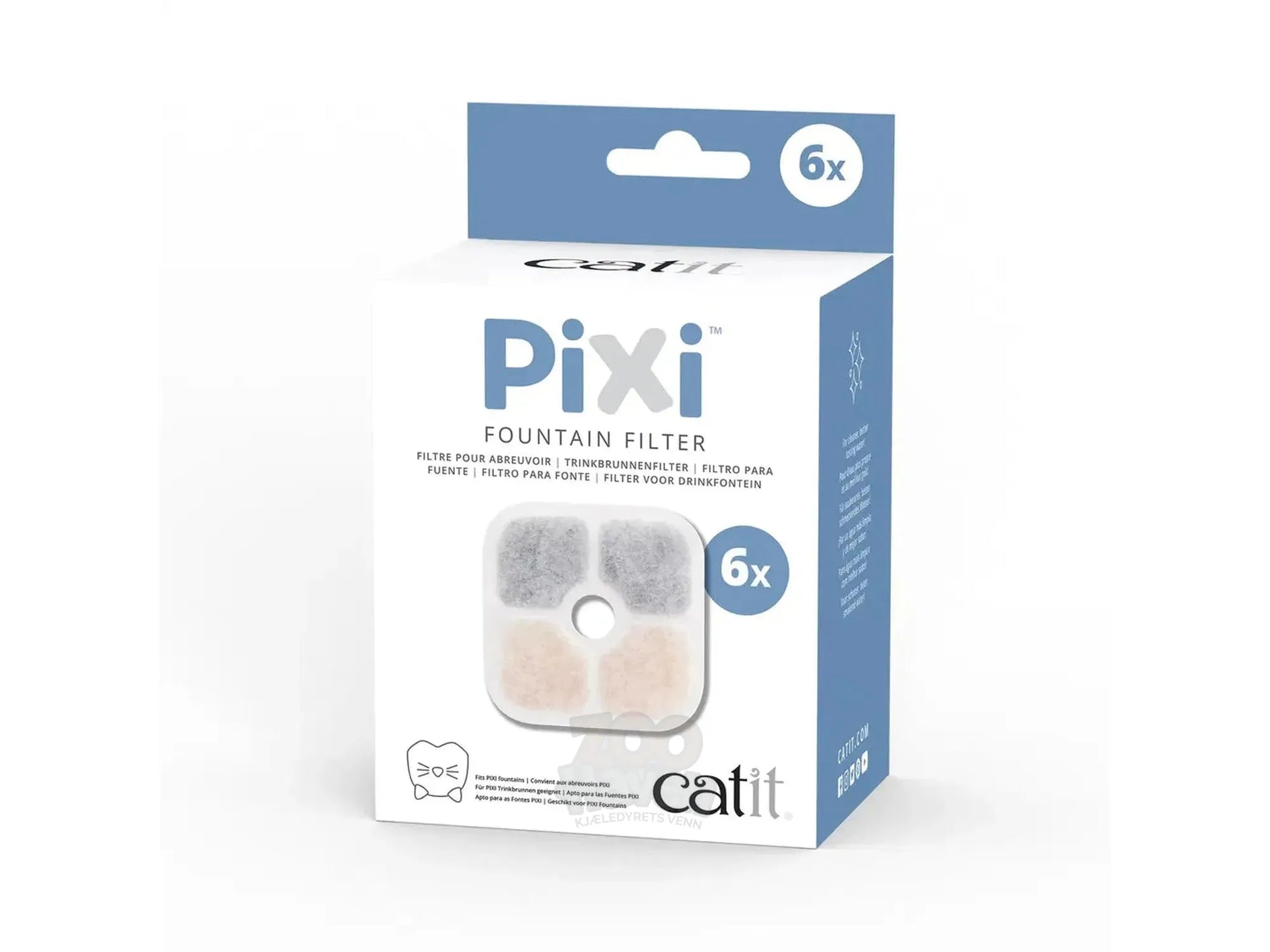 Catit PIXI drikkefontenefilter 6-pakning i hvit og blå eske med bilde av fire grå og beige filtre.