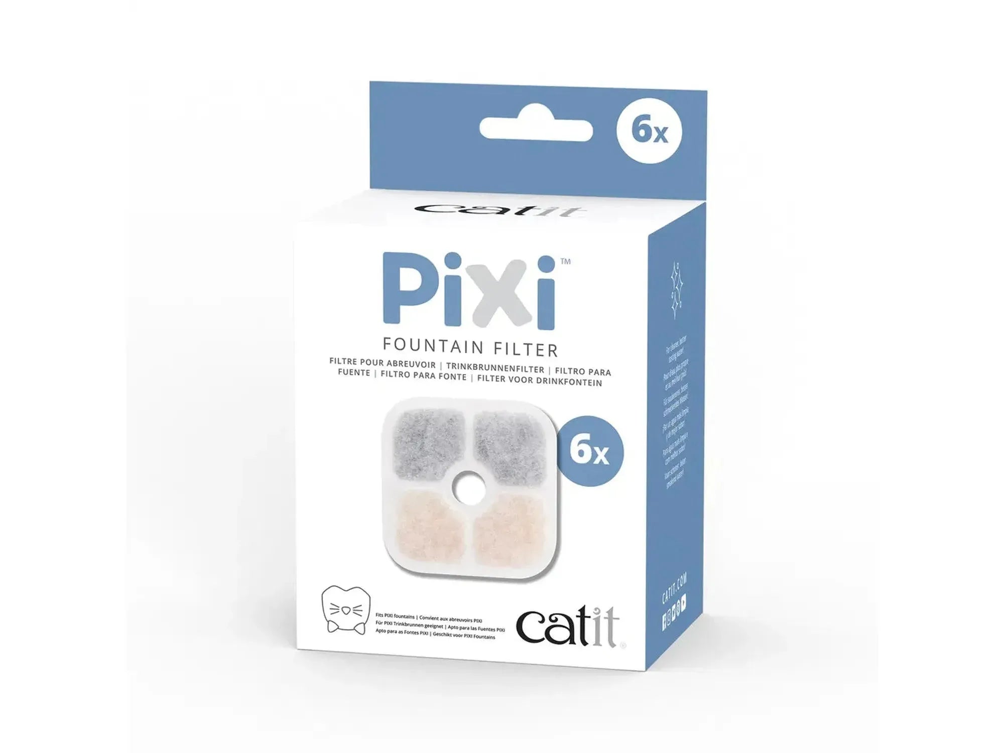 Catit PIXI drikkefontenefilter 6-pakning i hvit og blå eske med bilde av fire grå og beige filtre.