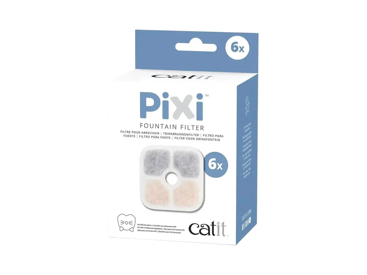 Catit PIXI drikkefontenefilter 6-pakning i hvit og blå eske med bilde av fire grå og beige filtre.