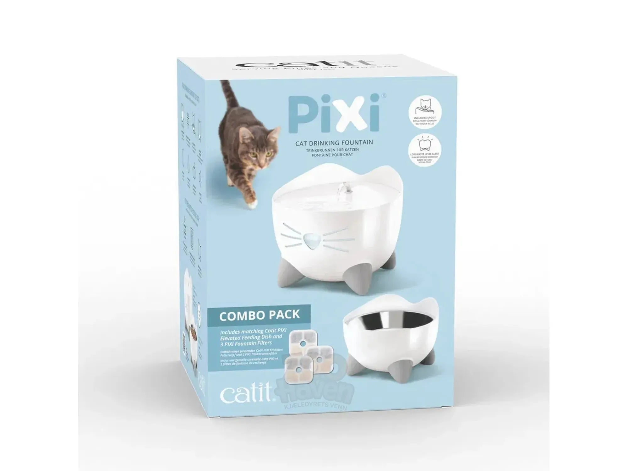 Hvit Catit PIXI vannfontene og matskål sett i eske, med en katt som går mot fontenen.