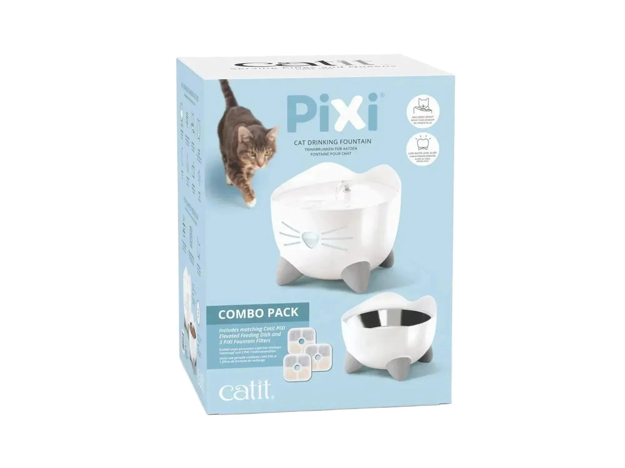 Hvit Catit PIXI vannfontene og matskål sett i eske, med en katt som går mot fontenen.