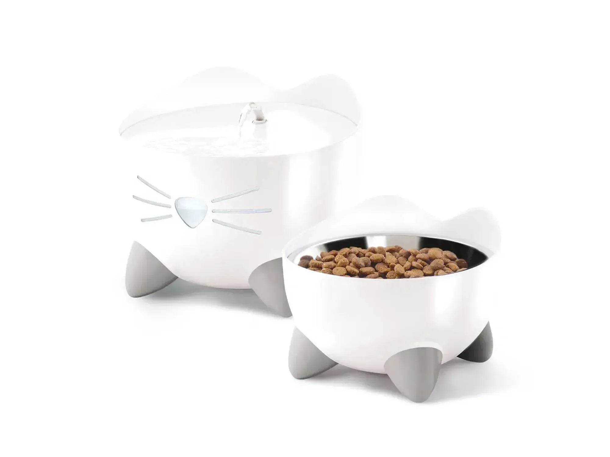 Hvit Catit PIXI vannfontene og matskålsett med katteansiktsdesign og grå ben.