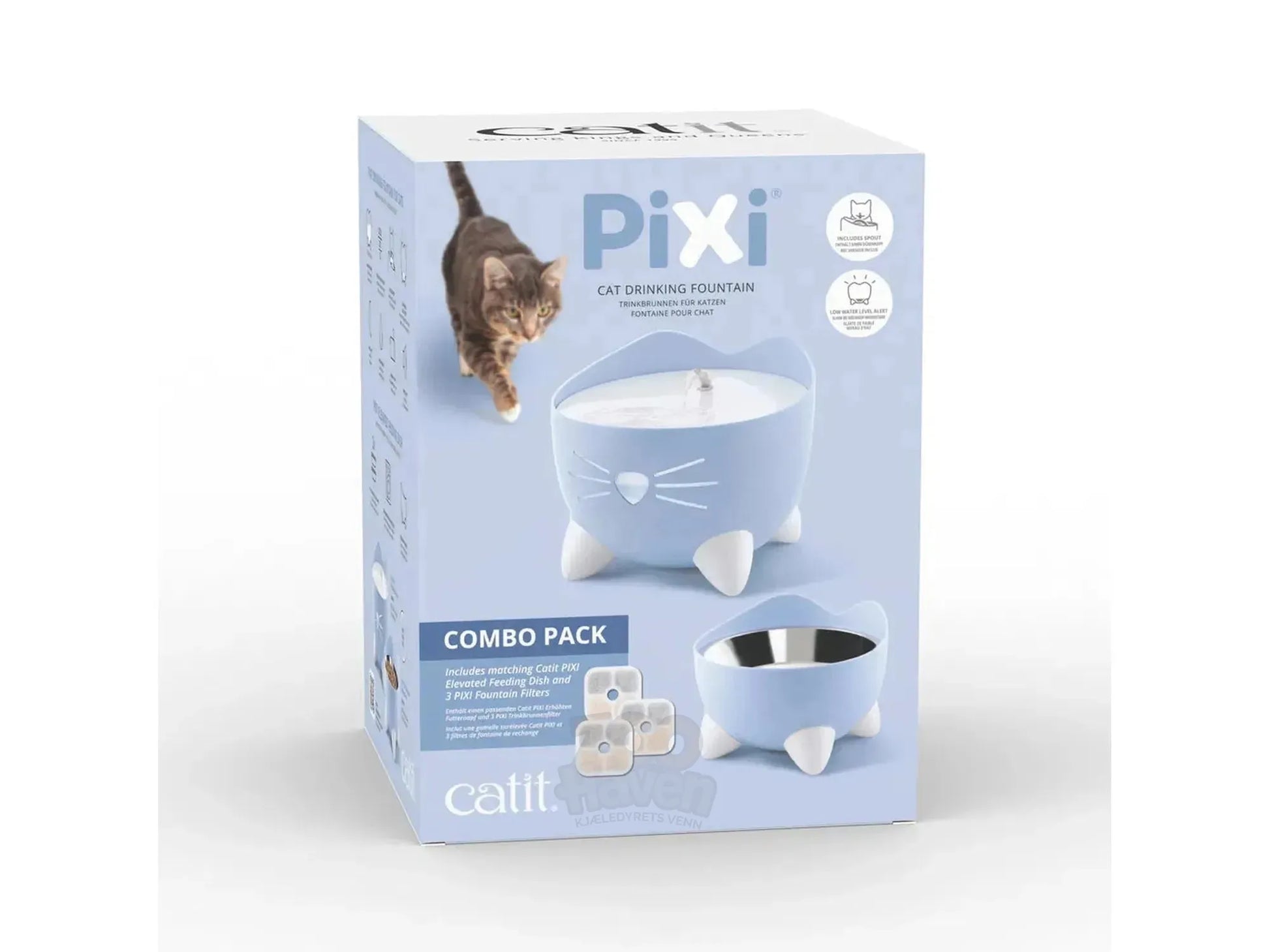 Catit PIXI vannfontene og matskål sett i lysblå, med kattedesign og filter.