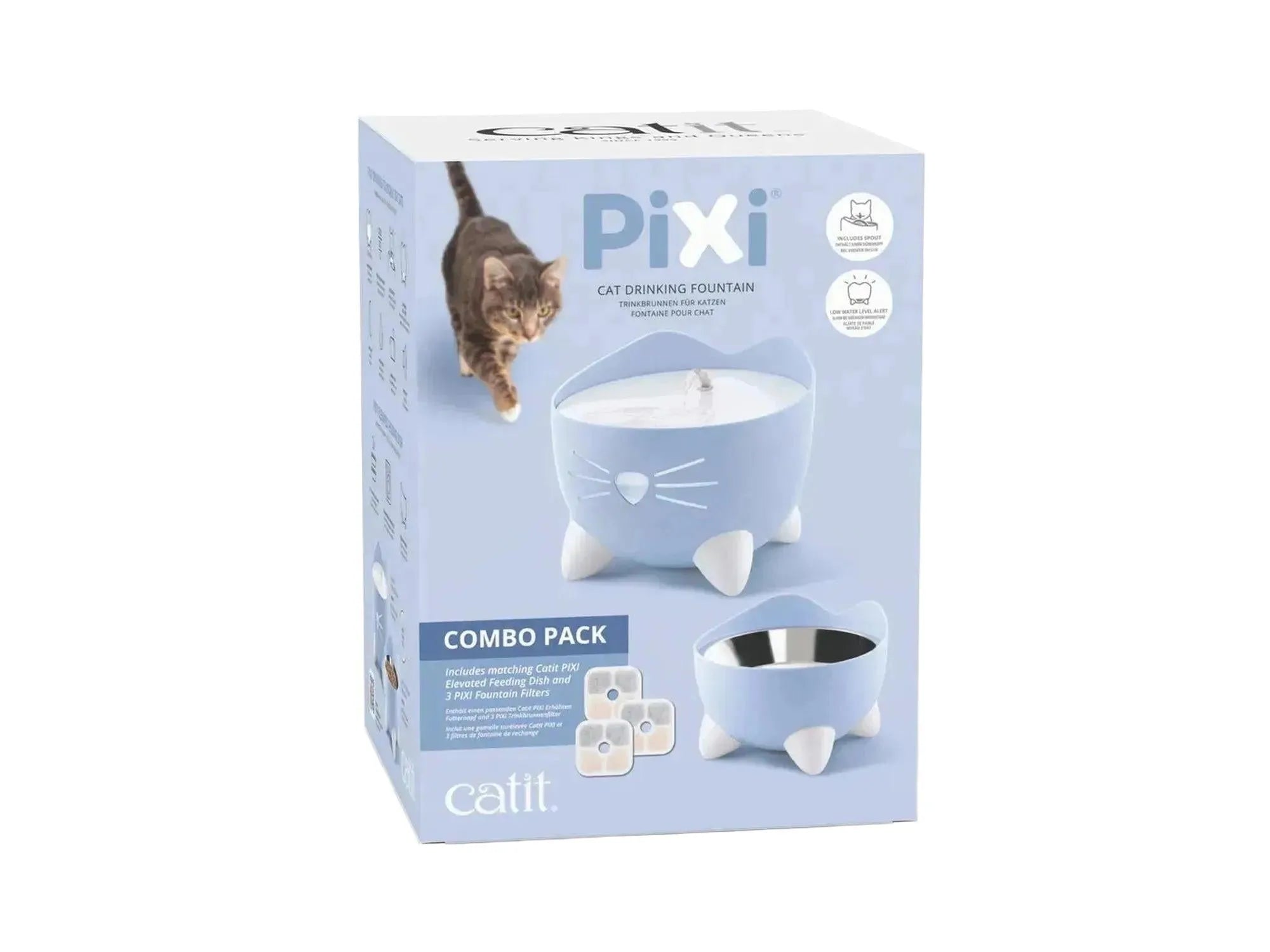 Catit PIXI vannfontene og matskål sett i lysblå, med kattedesign og filter.