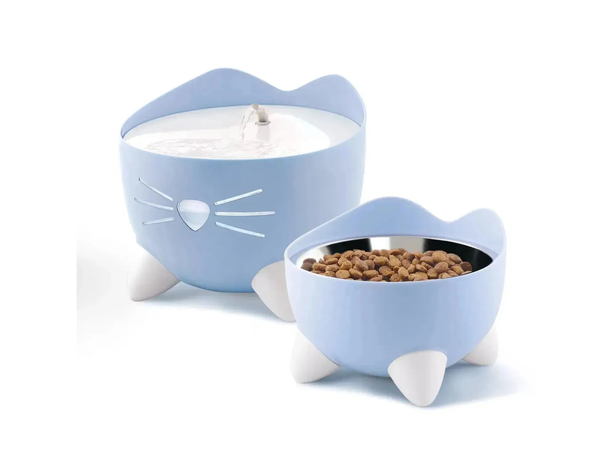 Lysblått Catit PIXI vannfontene og matskål sett i plast, med kattedesign og stålskål.
