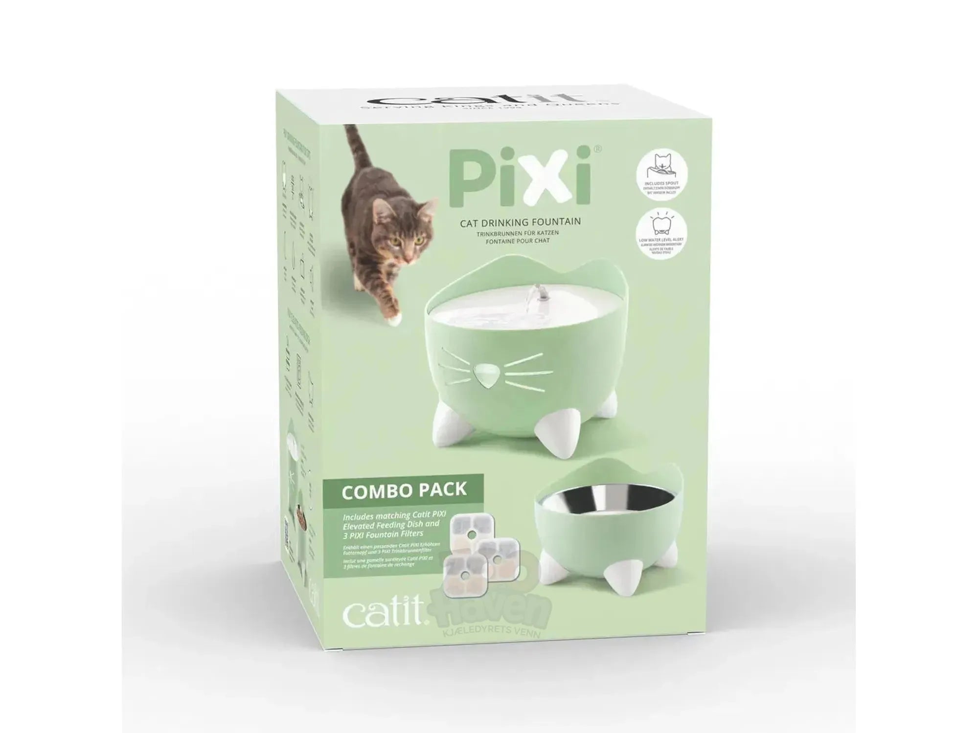 Catit PIXI vannfontene og matskål sett i lysgrønn, med en katt som drikker fra fontenen.