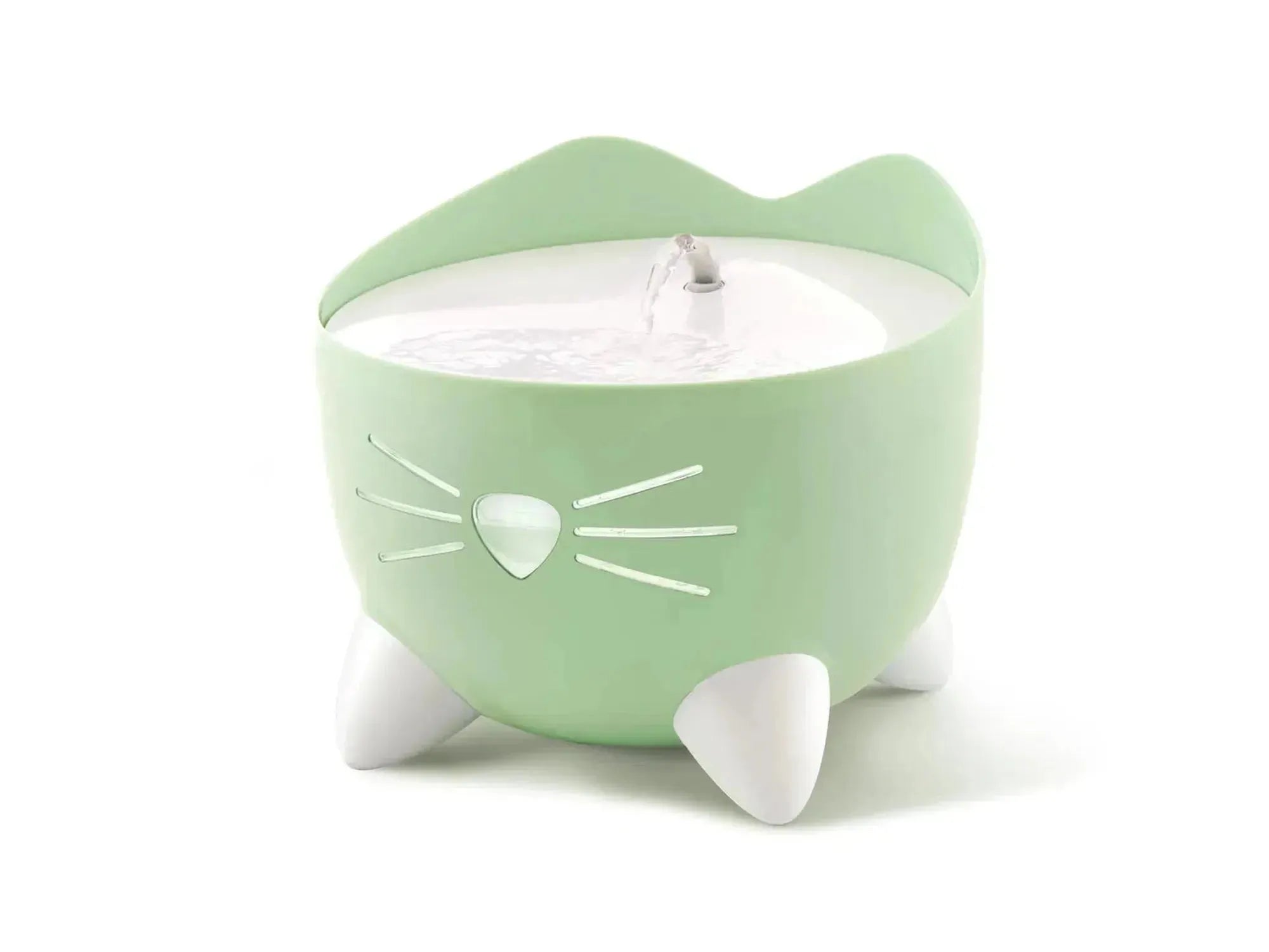 Lysegrønn Catit Pixi drikkefontene med katteansiktsdesign, hvit nese og poter, og sirkulerende vannstråle.