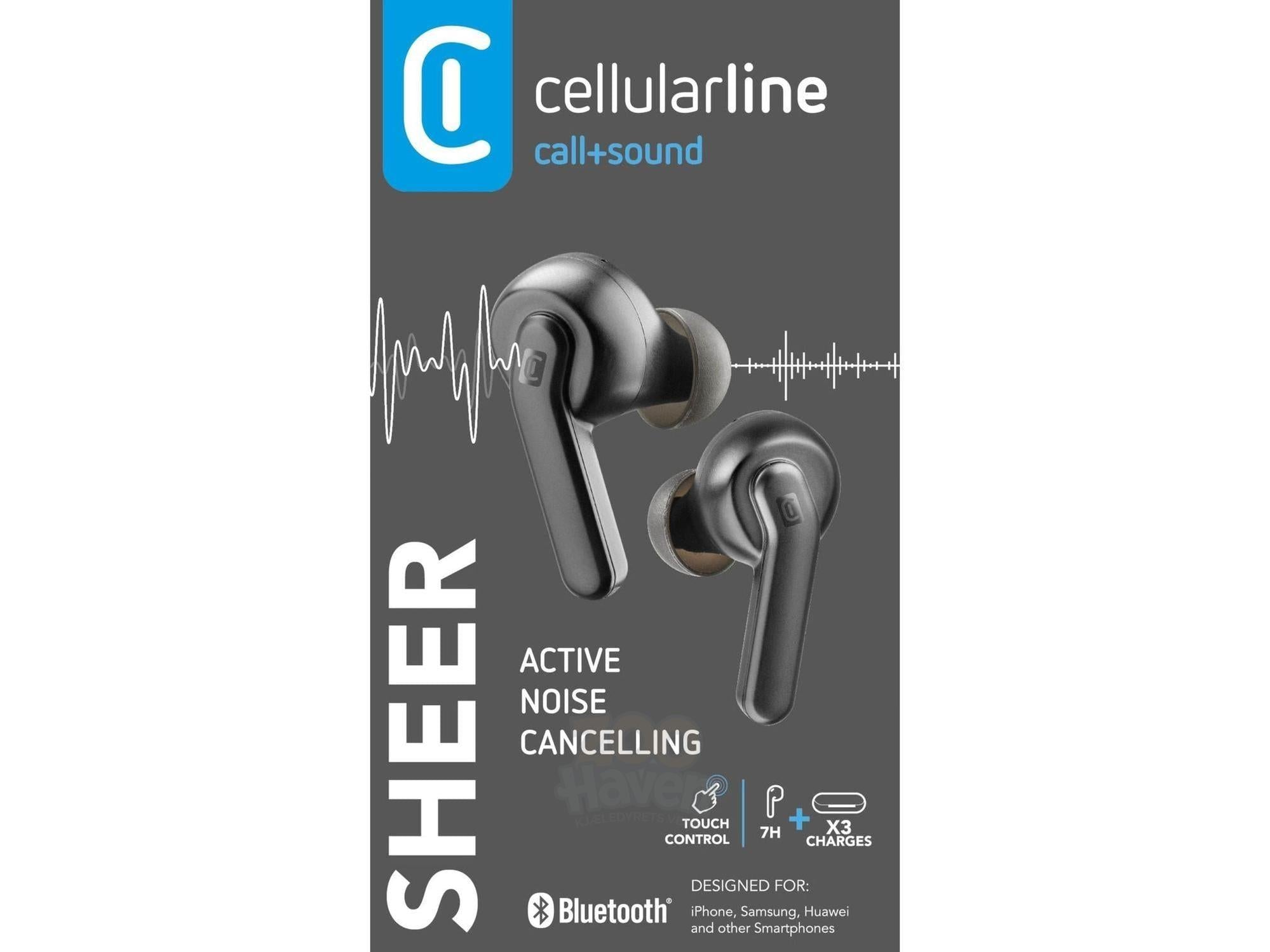 Svarte Cellularline BT Sheer TWS ørepropper med aktiv støyreduksjon og touch-kontroll, vist på emballasjen.