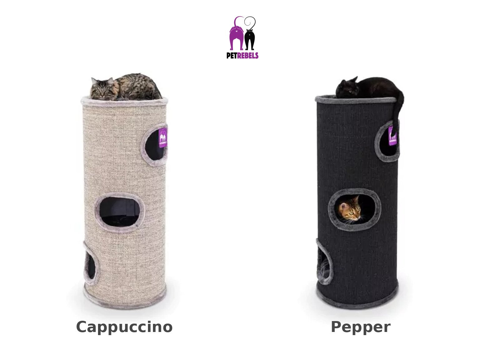 Høy, stabil kloretønne i pepperfarget sisal med tre innganger og en katt på toppen.