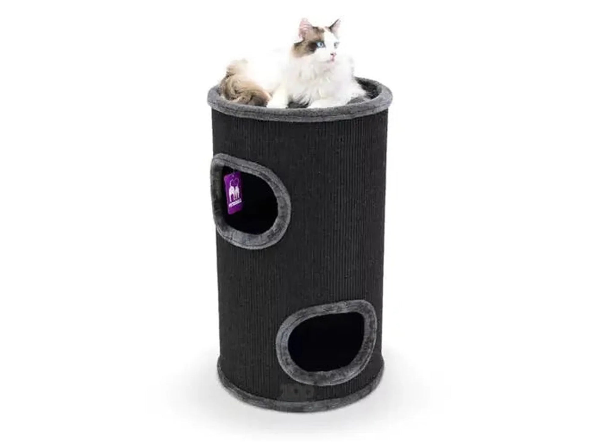 Svart sisal kloretønne med to huler og en katt som ligger på toppen.