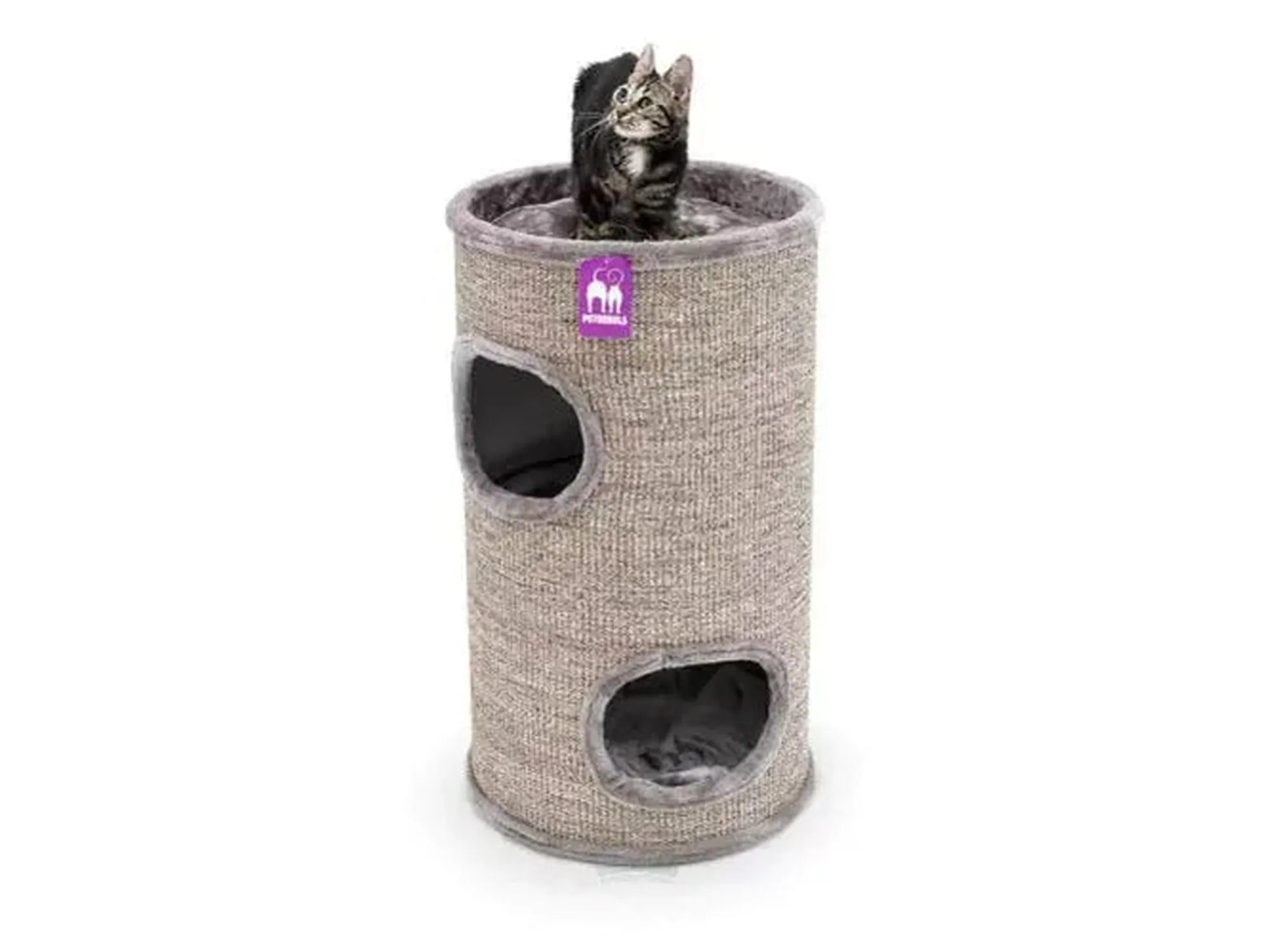 Grå sisal kloretønne med to huler og en katt på toppen.