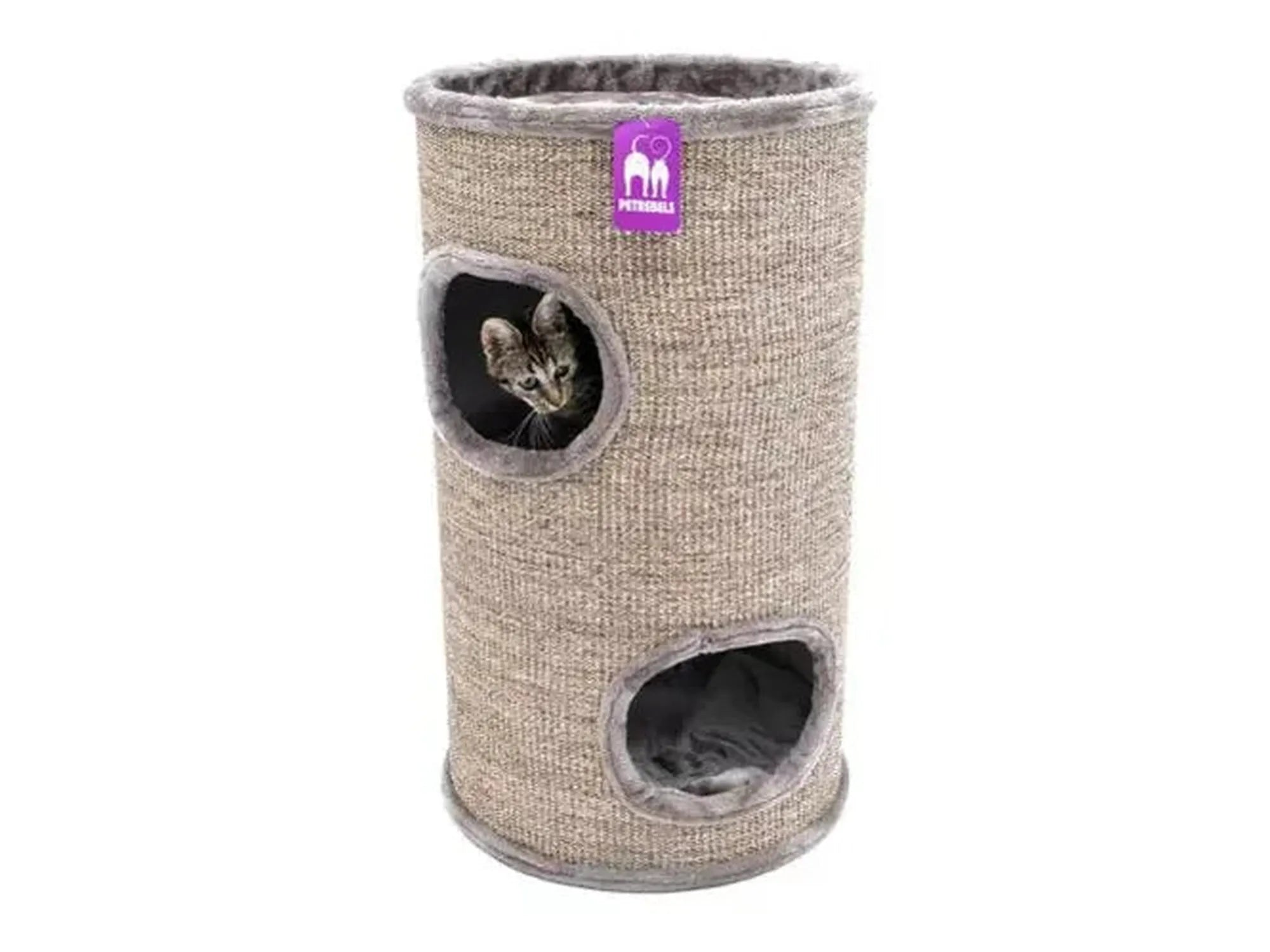 Beige sisal scratching barrel Dome 80 with two levels, a cat peeking from an opening, and a plush top.