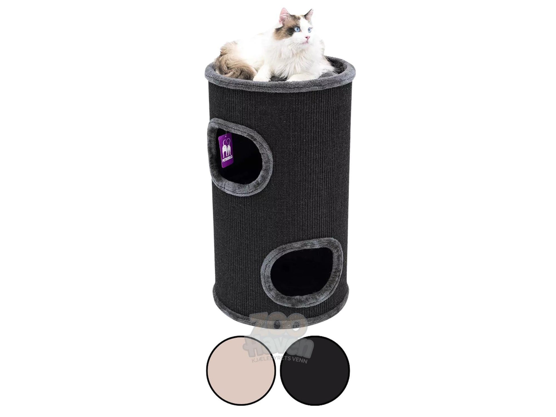Mørkegrå Petrebels Dome 80 kloretønne med sisalteppe, to innganger, og en katt på toppen.