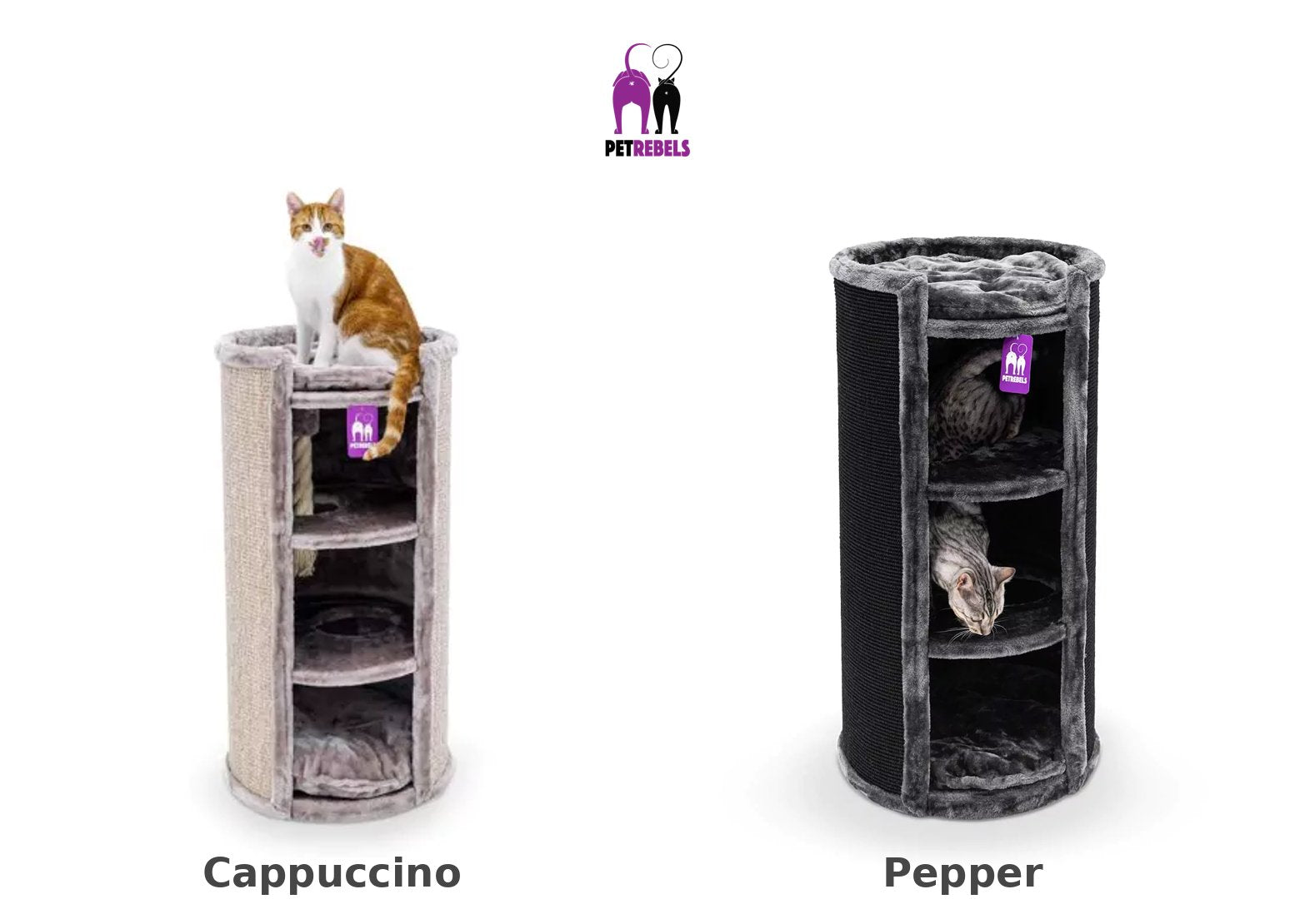 Stabil kloretønne Superdome 100 i Pepper-farge med sisalteppe, tre soveplasser og en katt på toppen.