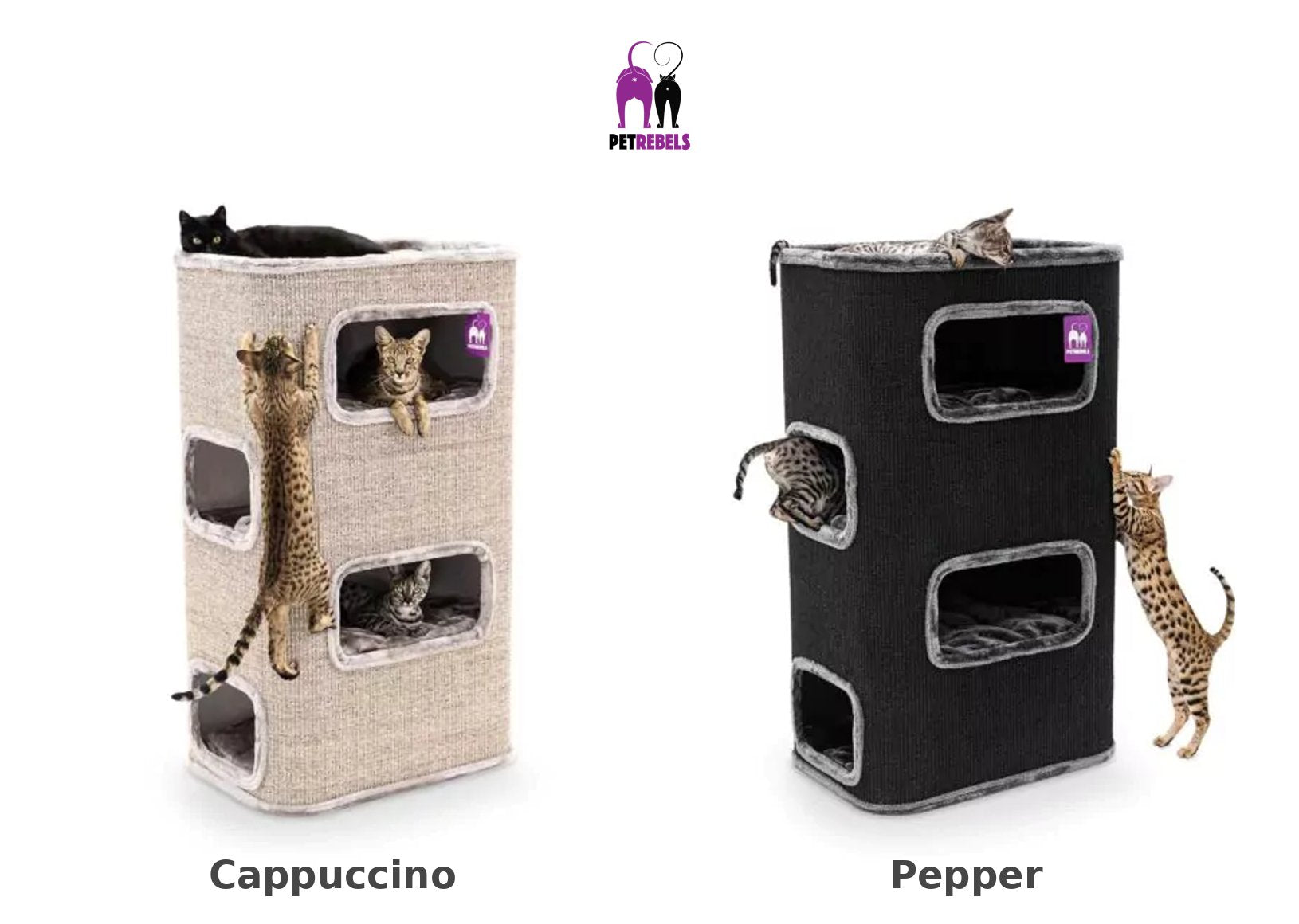 Beige sisal kloretønne med fire soveplasser, en svart og to brunstripete katter.