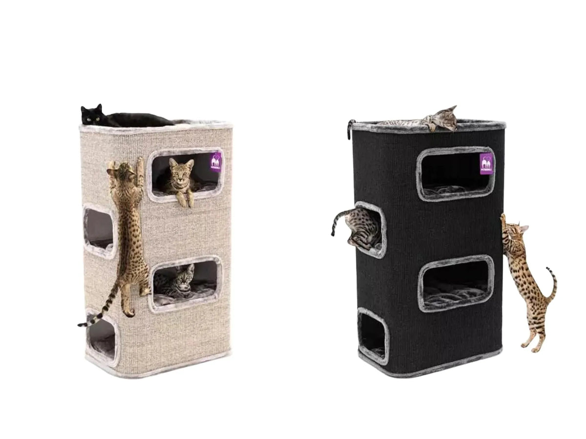 Beige sisal kloretønne med fire soveplasser, en svart og to brunstripete katter.