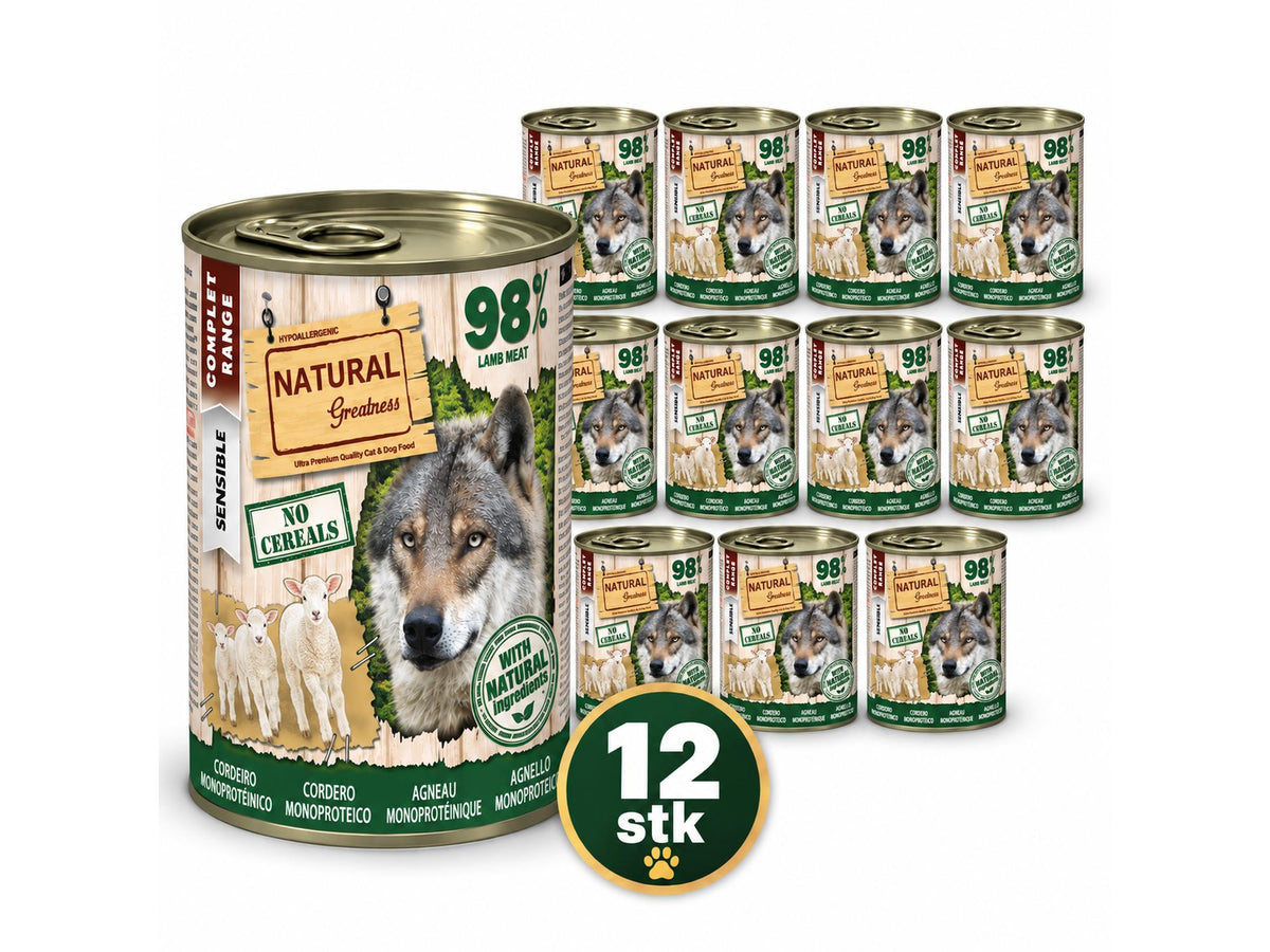 Natural Greatness 98 % Monoprotein Lamb – Våtfôr hund | 12 × 400 g