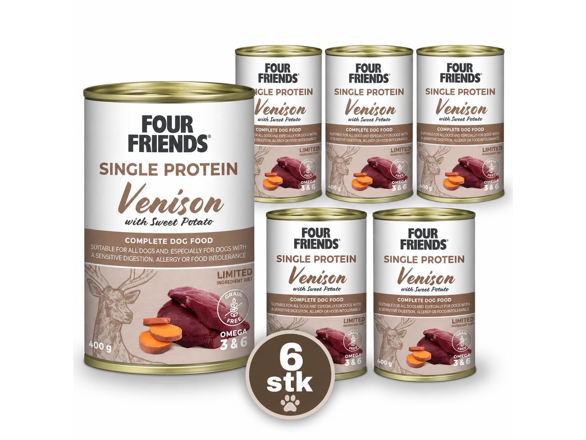 Four Friends Single Protein Venison & Sweet Potato 6-pakk – våtfôr til hund 6 × 400 g
