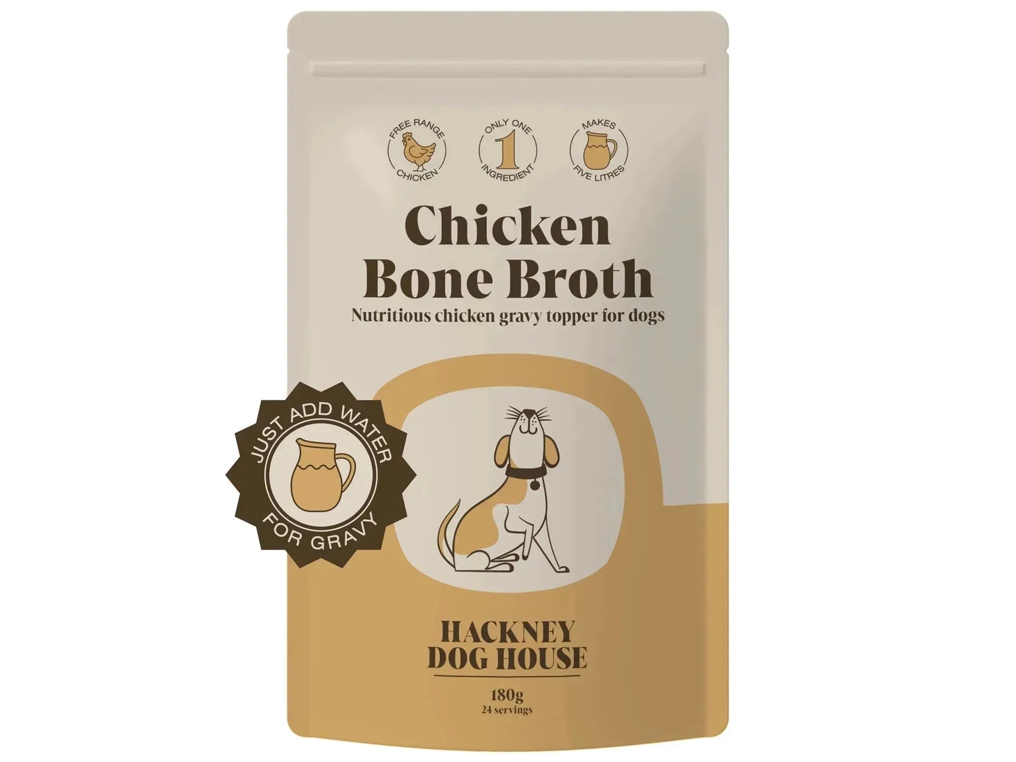 Hvit pose med Hackney Dog House Chicken Bone Broth for hunder, 180g, med illustrasjon av hund og gravy.
