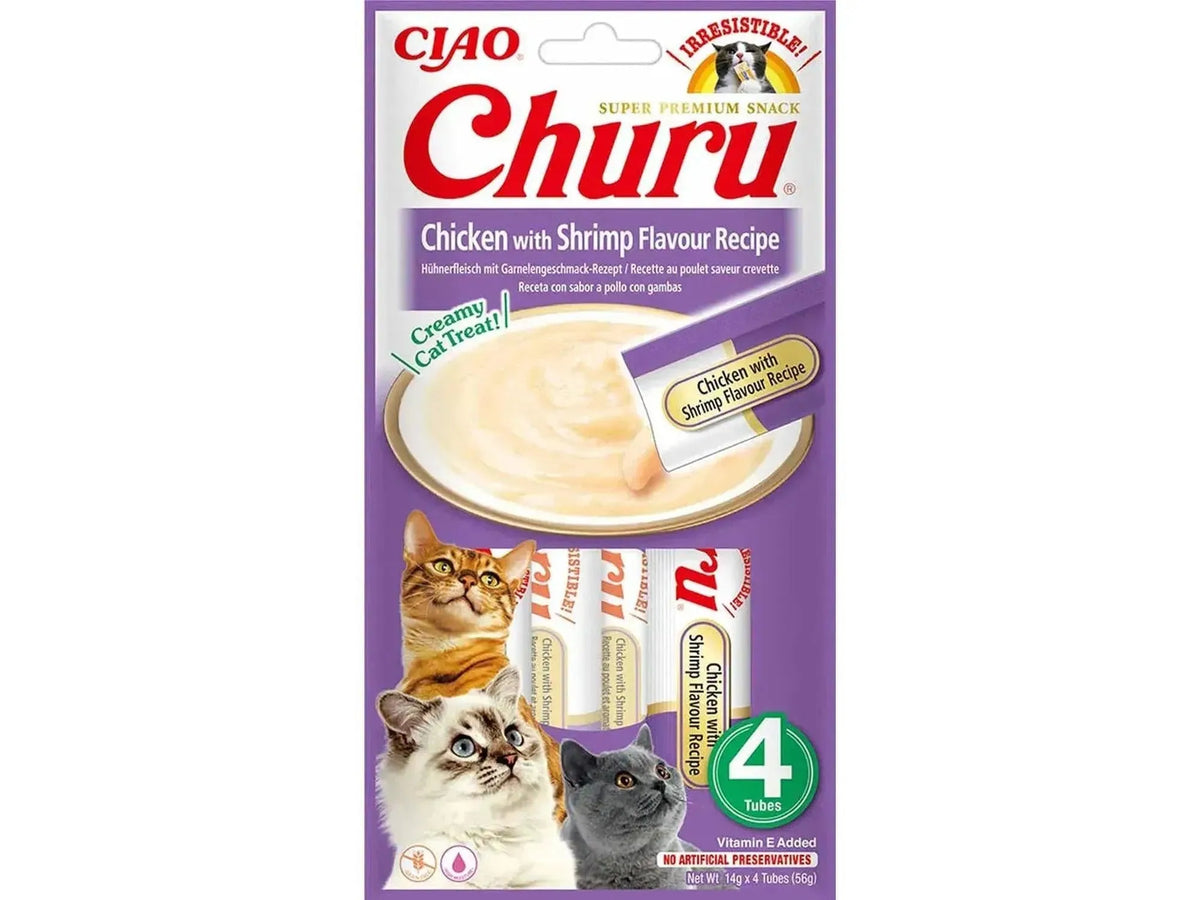 Ciao Churu kylling & rekesmak kremgodbit for katt, lilla pakke med 4 tuber.