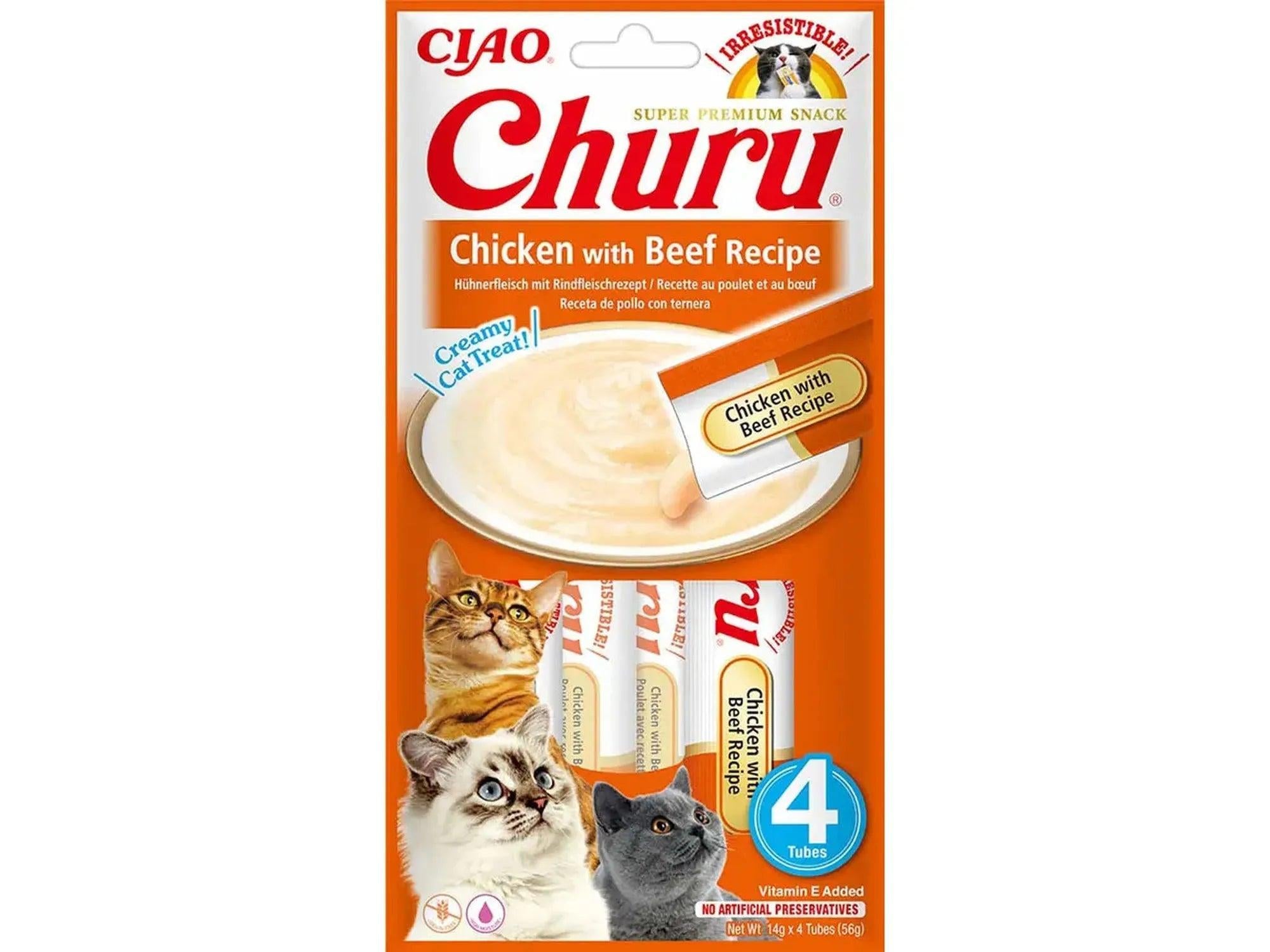 Ciao Churu kylling og storfekjøtt kremgodbit for katt, 4 x 14g tuber, med tre katter.