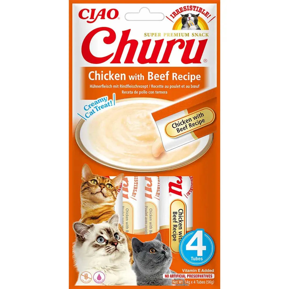 Ciao Churu kylling og storfekjøtt kremgodbit for katt, 4 x 14g tuber, med tre katter.