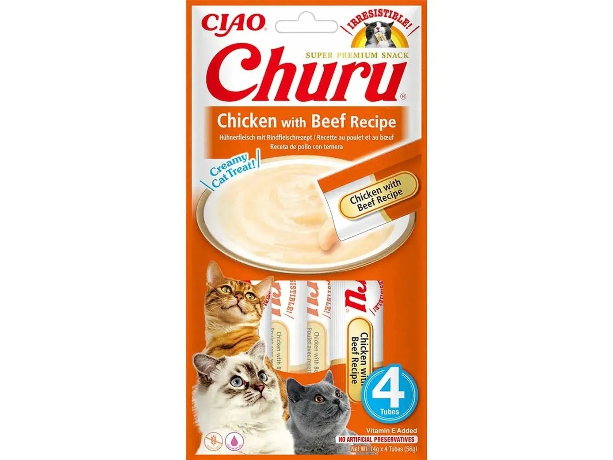 Ciao Churu kylling og storfekjøtt kremgodbit for katt, 4 x 14g tuber, med tre katter.