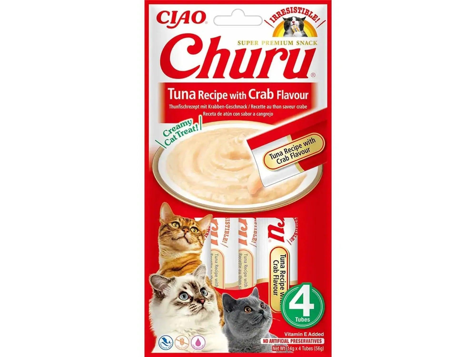 Ciao Churu tunfisk og krabbesmak kremgodbit for katt, 4 tuber, med bilde av katter.