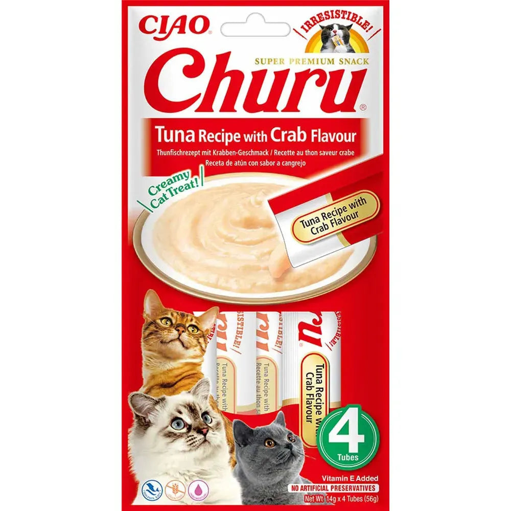 Ciao Churu tunfisk og krabbesmak kremgodbit for katt, 4 tuber, med bilde av katter.