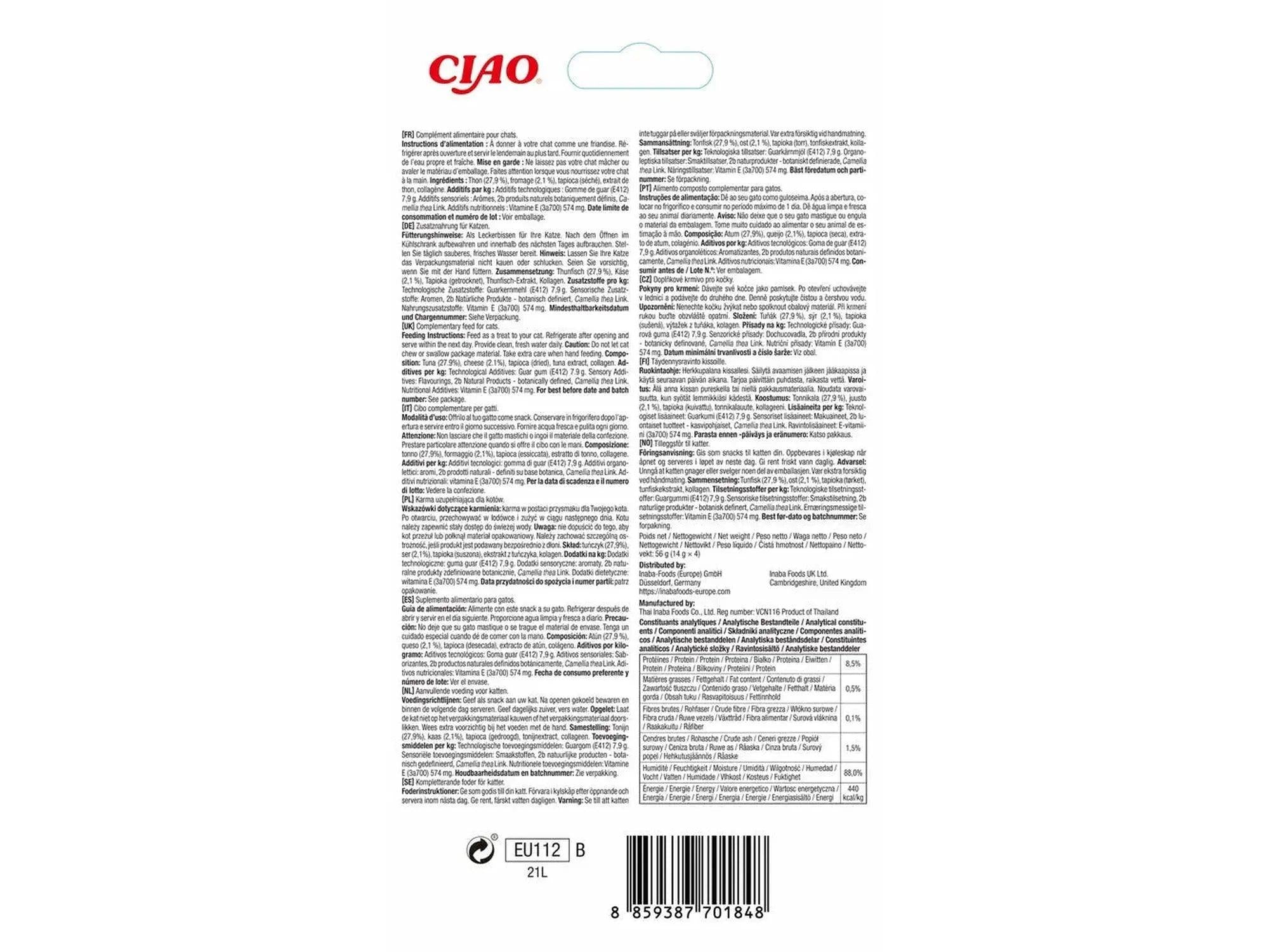 Ciao Churu Kattegodbit Tunfisk med Ost 4 x 14g, hvit og rød emballasje med strekkode.
