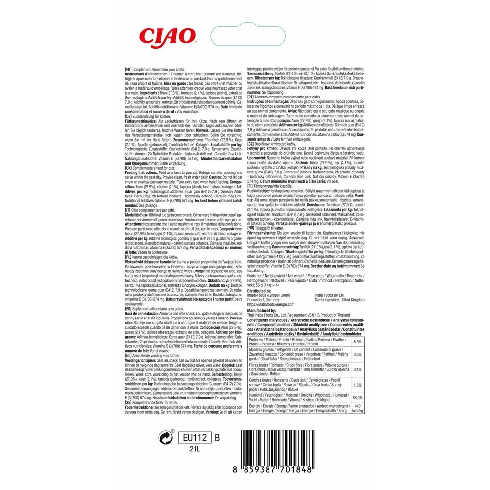 Ciao Churu Kattegodbit Tunfisk med Ost 4 x 14g, hvit og rød emballasje med strekkode.