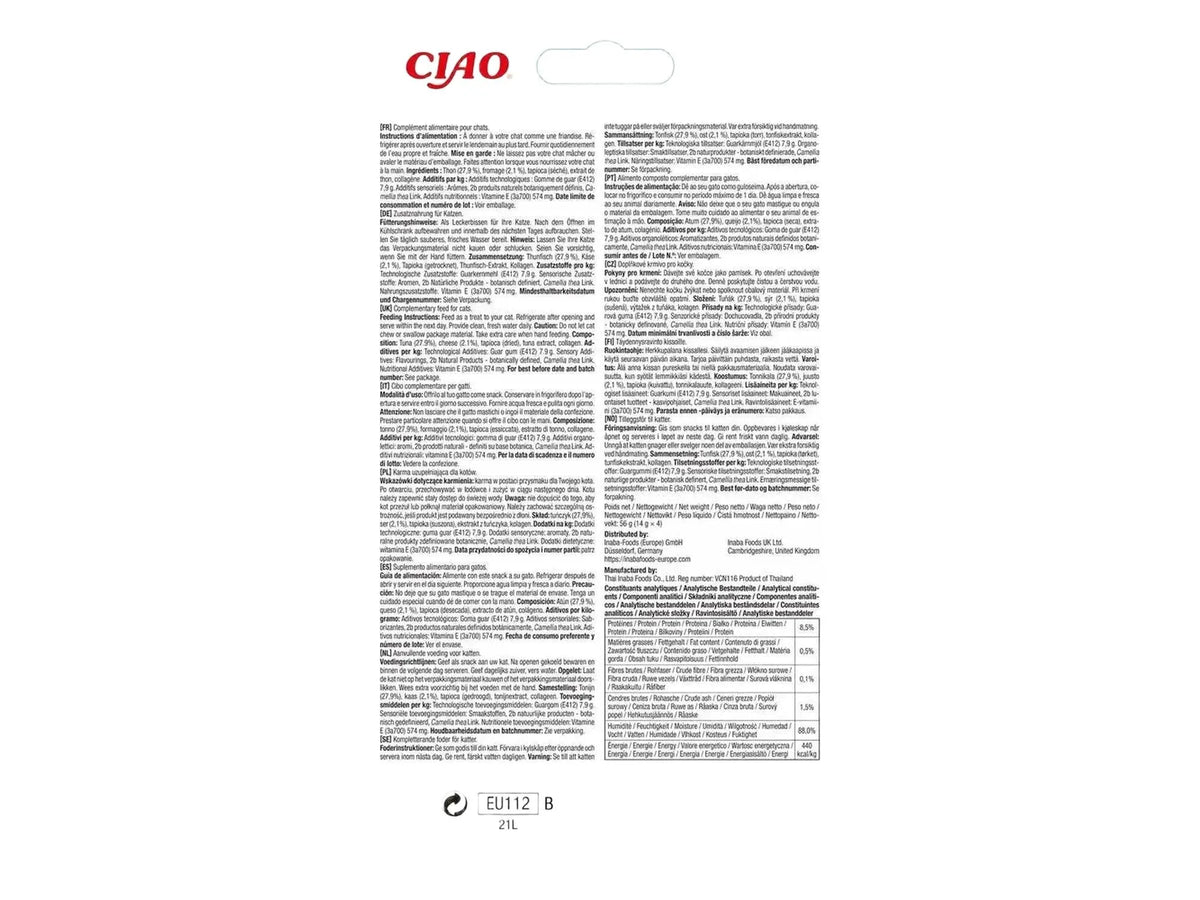 Ciao Churu Kattegodbit Tunfisk med Ost 4 x 14g, hvit og rød emballasje med strekkode.