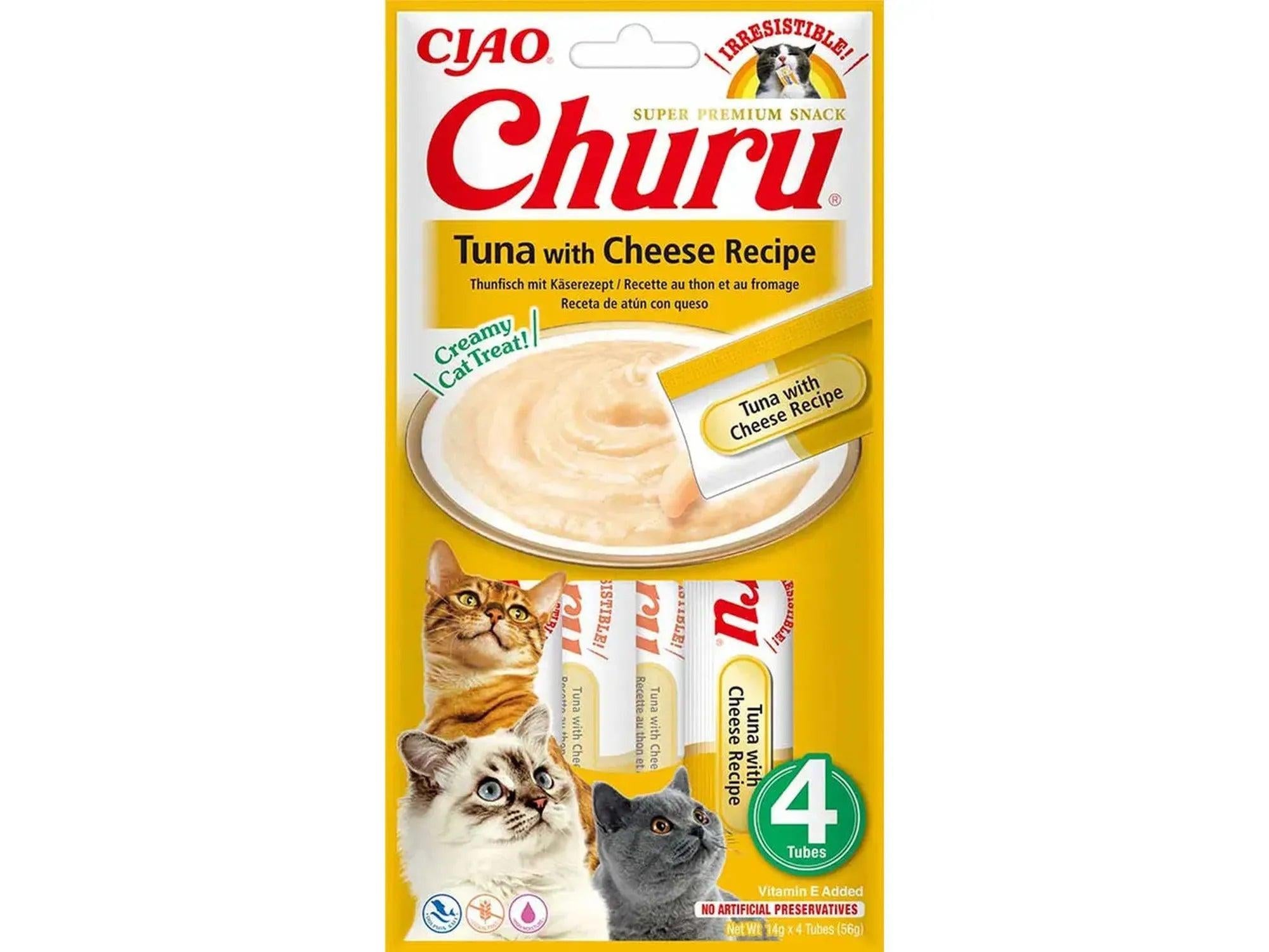 Ciao Churu Tunfisk med Ost kremgodbit for katt, 4 gule tuber i pakke med tre katter.