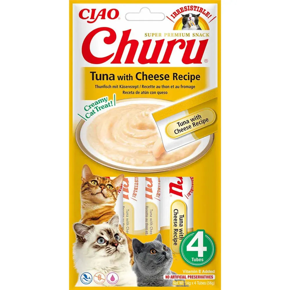 Ciao Churu Tunfisk med Ost kremgodbit for katt, 4 gule tuber i pakke med tre katter.