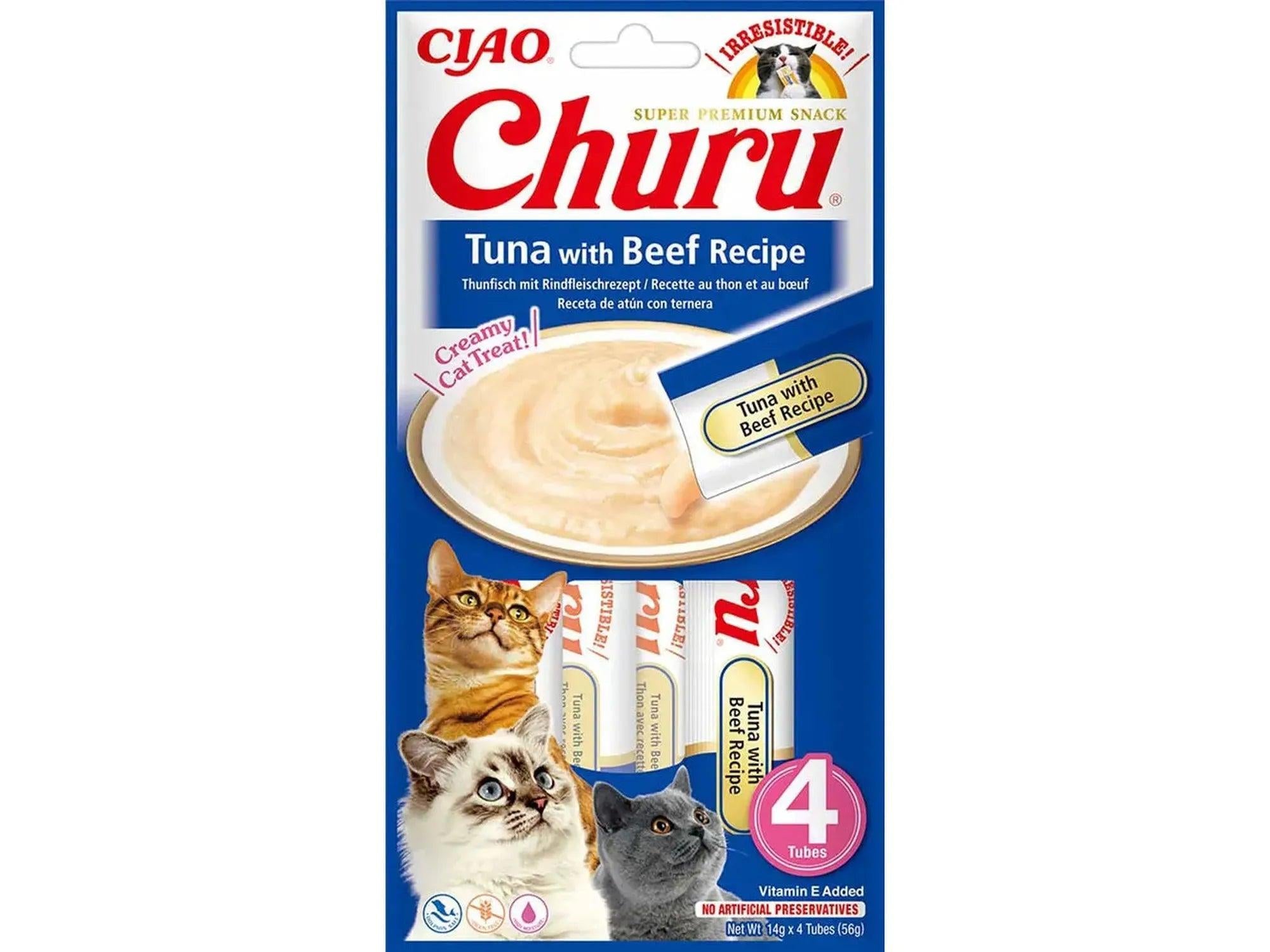 Ciao Churu Tunfisk med Storfekjøtt 4-pakning kremgodbiter for katt, blå og rød emballasje.