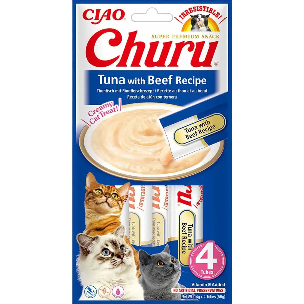 Ciao Churu Tunfisk med Storfekjøtt 4-pakning kremgodbiter for katt, blå og rød emballasje.