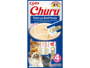 Ciao Churu Tunfisk med Storfekjøtt 4-pakning kremgodbiter for katt, blå og rød emballasje.