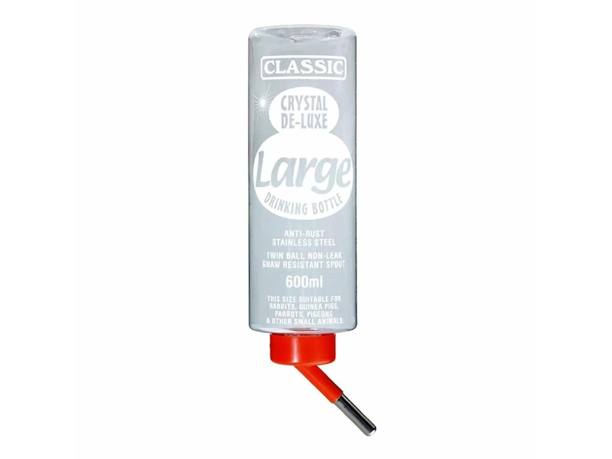 Klar Classic 600 ml drikkeflaske for smådyr med rød topp og metalltut.