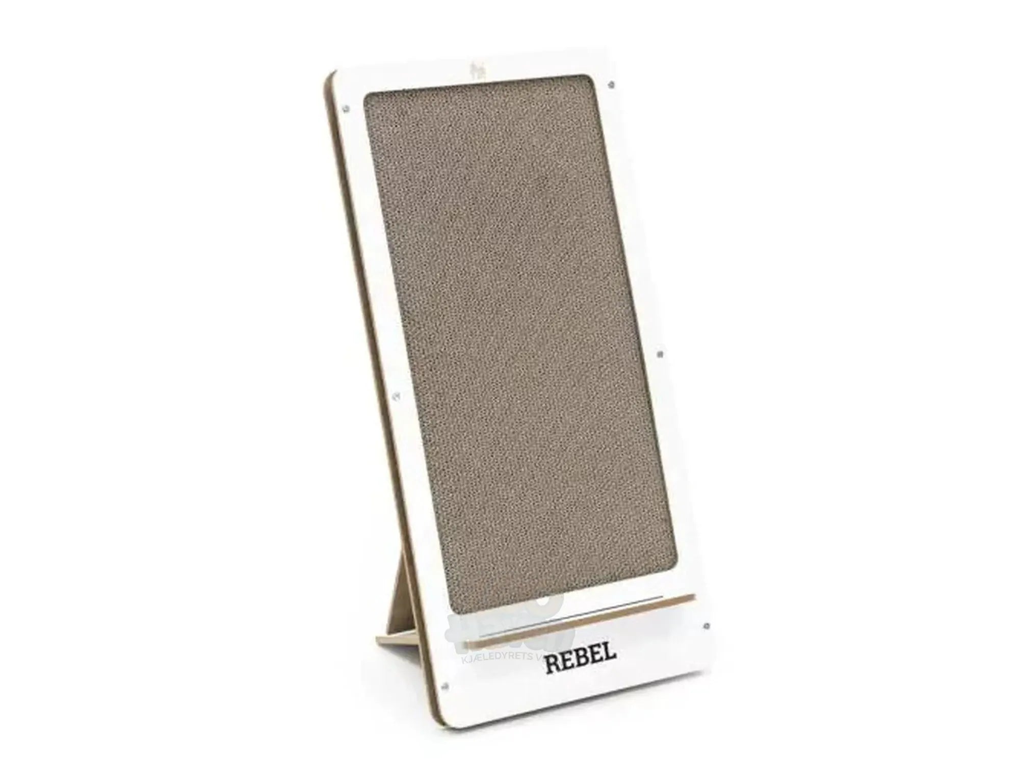 Høy, vertikal klorestolpe i hvit papp med bølgepapp-kloreflate og stabil trefot.