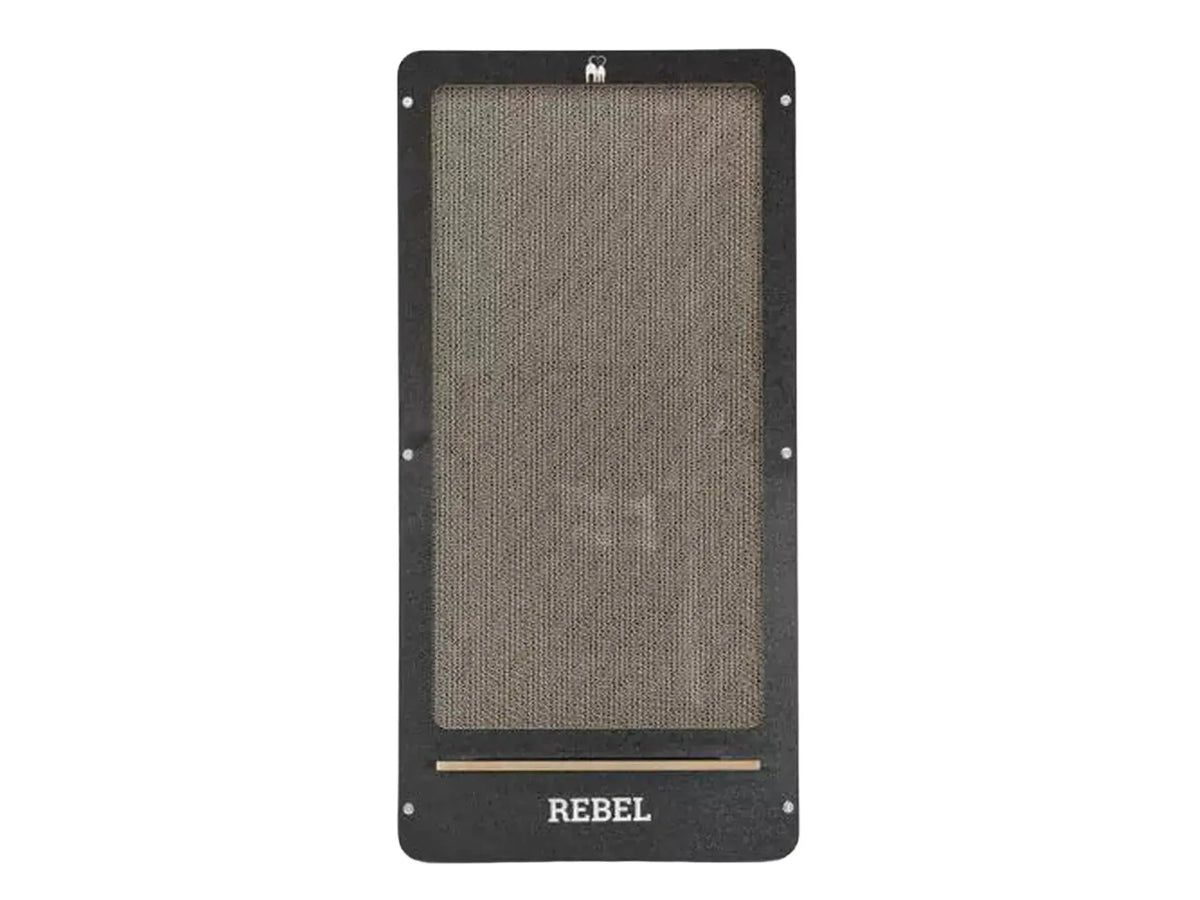 Vertikal Coco 80 klorestolpe i svart papp med bølgepapp-kloreflate og "REBEL" logo.