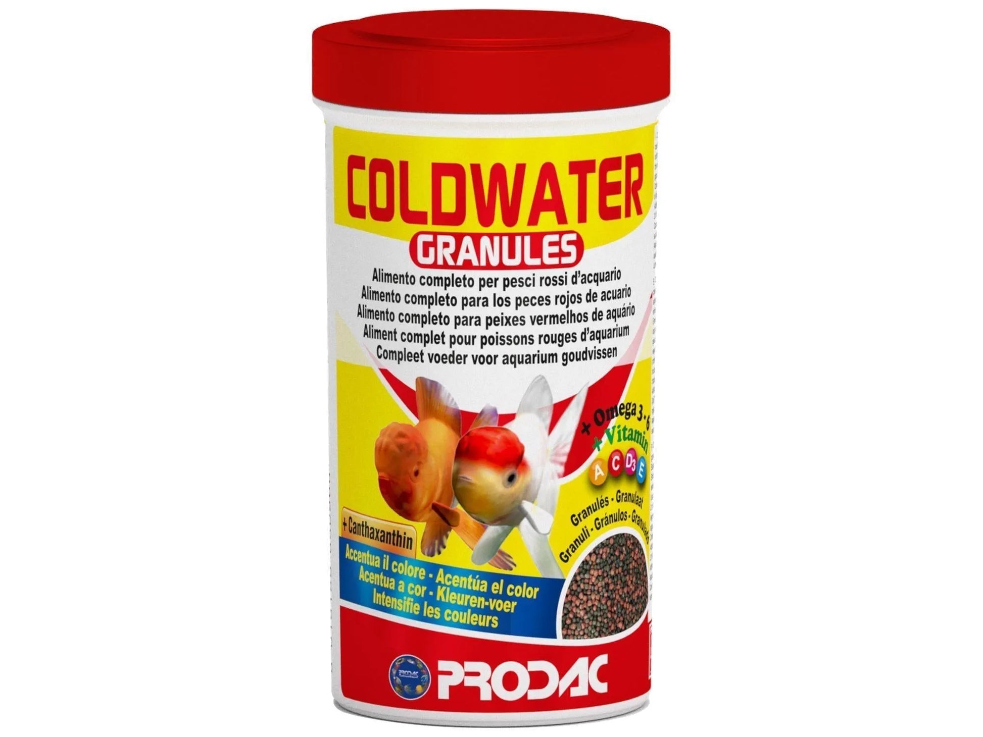 Prodac Coldwater Granules fiskefôr i en hvit beholder med rød topp, viser gullfisk og fôrpellets.