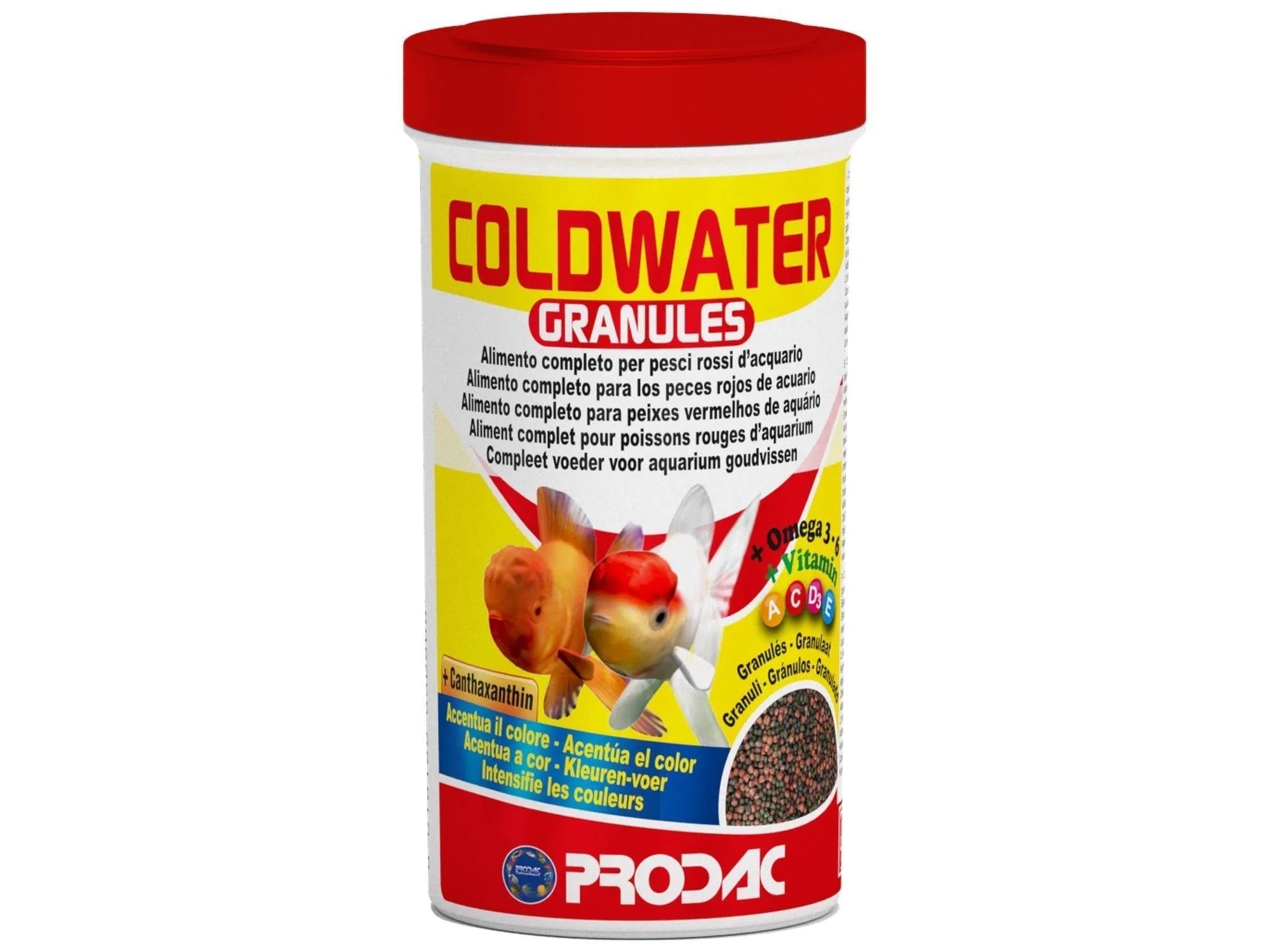 Prodac Coldwater Granules fiskefôr i en hvit beholder med rød topp, viser gullfisk og fôrpellets.