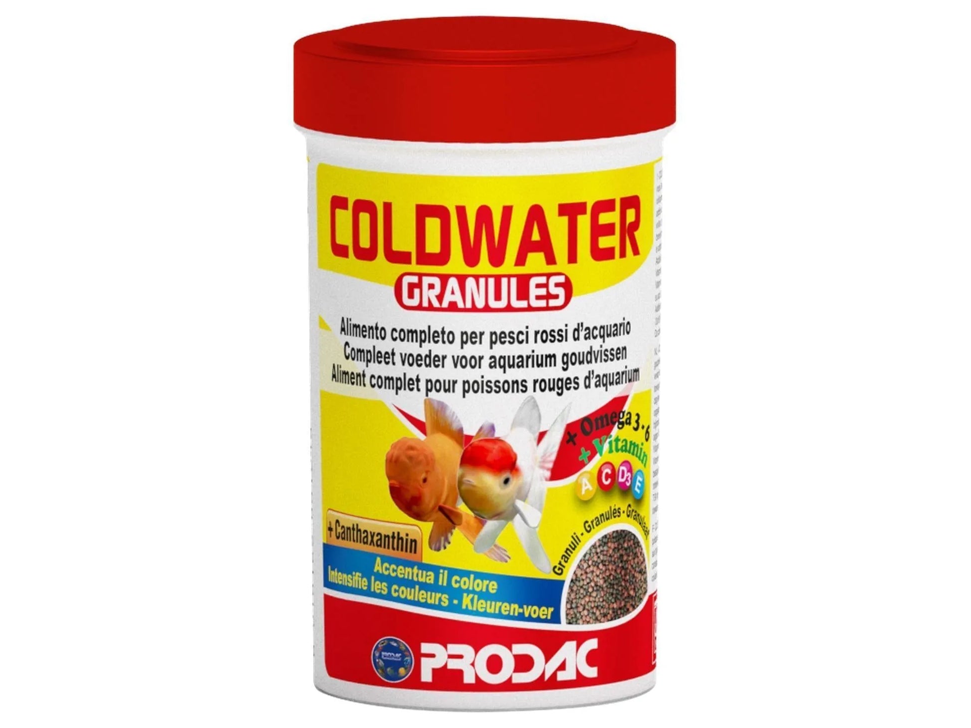 Prodac Coldwater Granules fiskefôr i hvit beholder med rød topp, viser gullfisk og granulat.