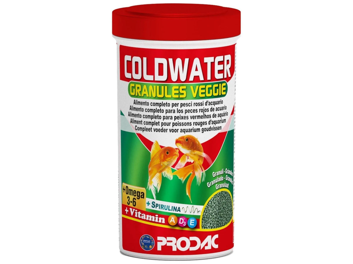Red and white container of Coldwater Granules Veggie fish food with two goldfish.