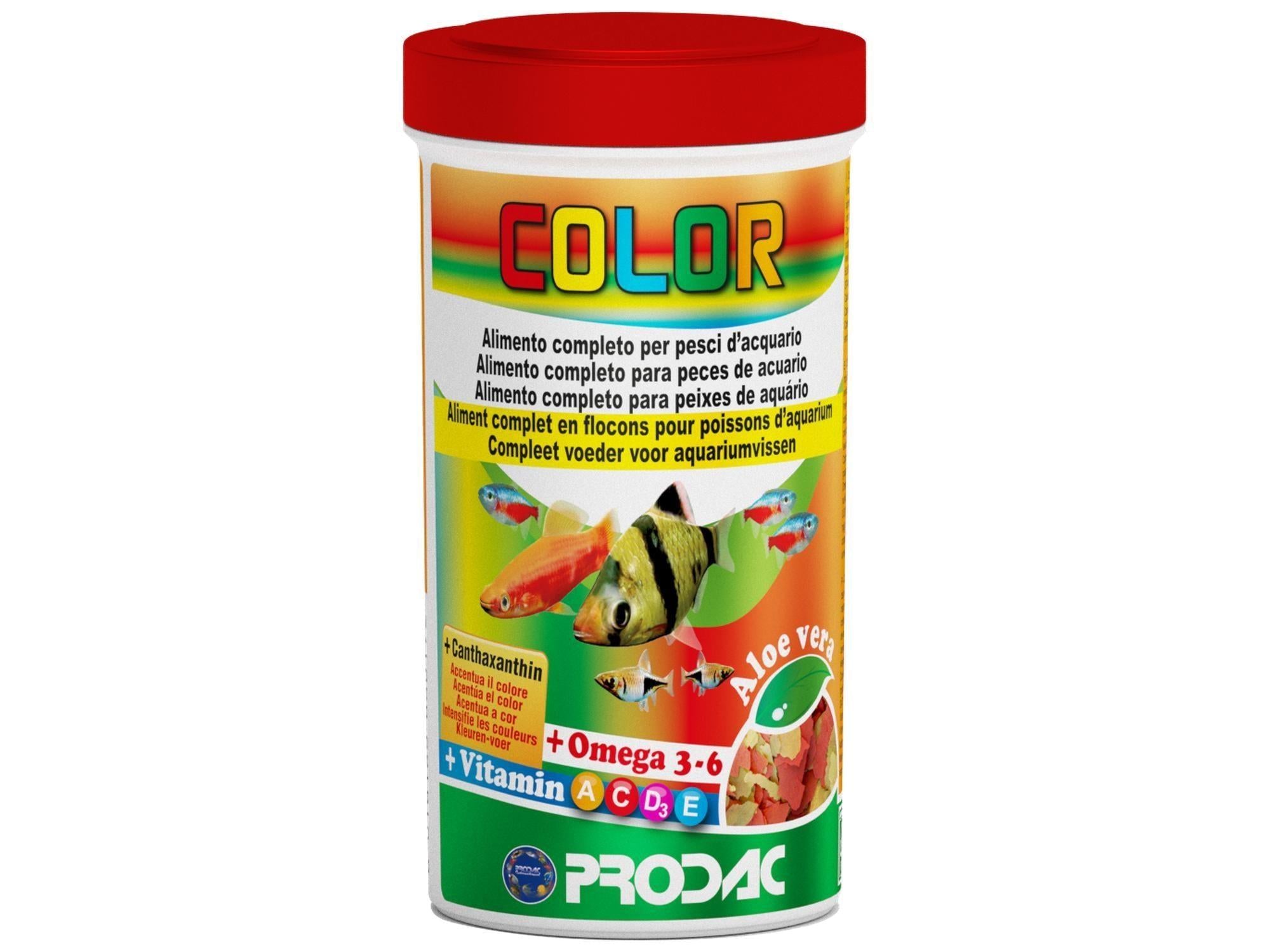 Prodac Color Flakes fiskefôr i hvit beholder med rød topp, viser tropiske fisker og ingredienser.